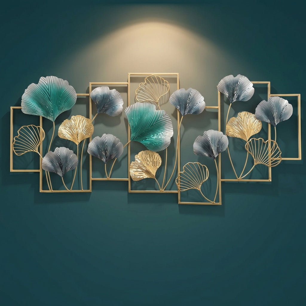 25x50 large modern metal ginkgo leaf wall art, botanical sculpture with teal and gold leaves for living room decor.
