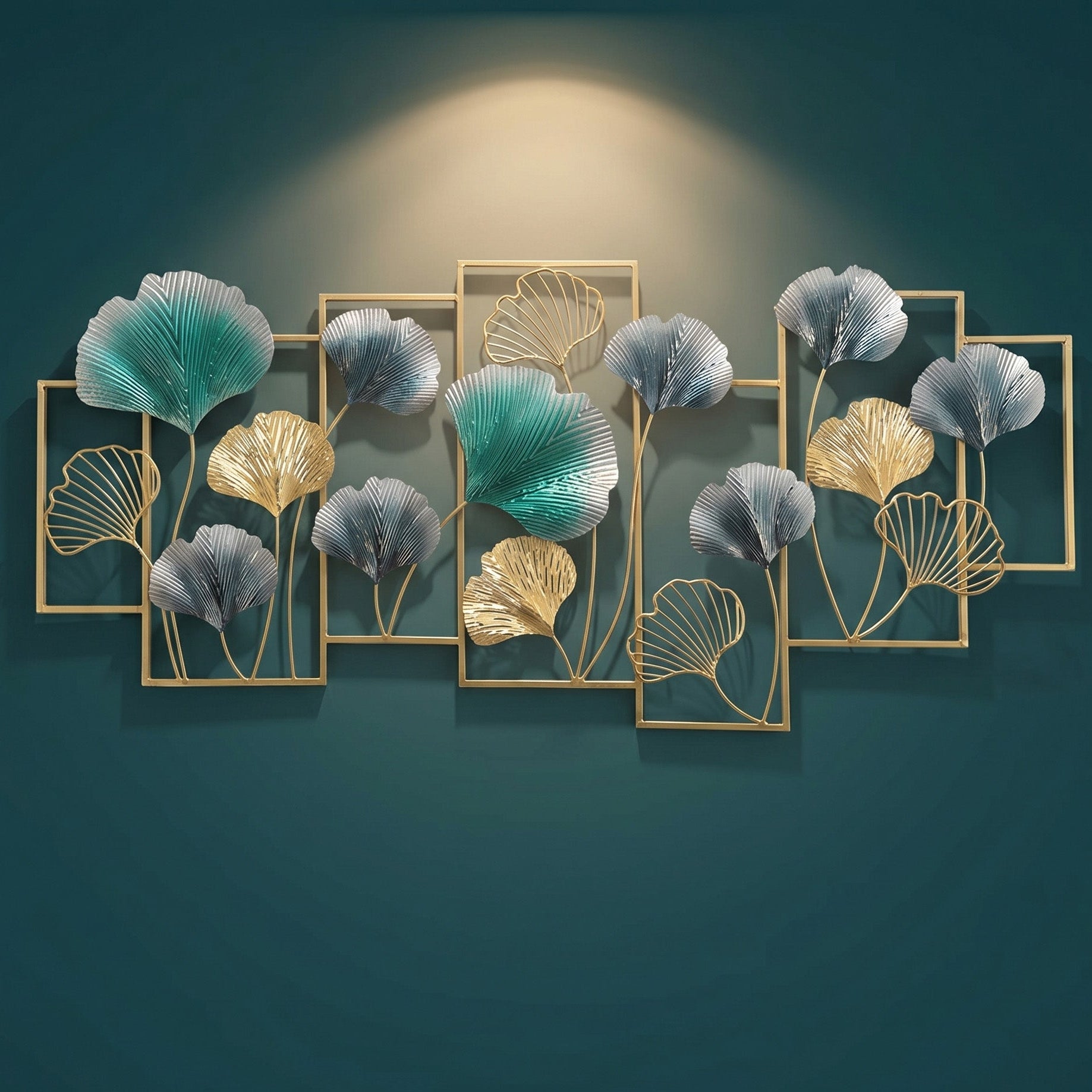 25x50 large modern metal ginkgo leaf wall art, botanical sculpture with teal and gold leaves for living room decor.