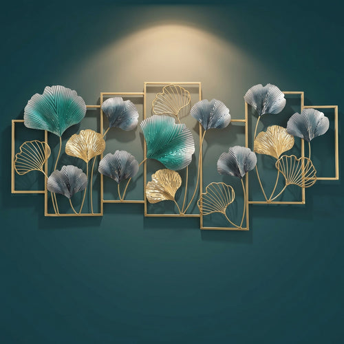 25x50 large modern metal ginkgo leaf wall art, botanical sculpture with teal and gold leaves for living room decor.
