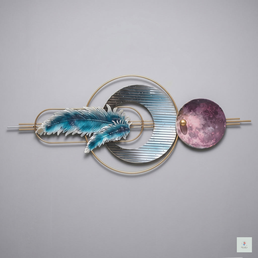 48x24 modern celestial feather and moon metal wall art, luxury abstract sculpture with gold accents for living room decor.