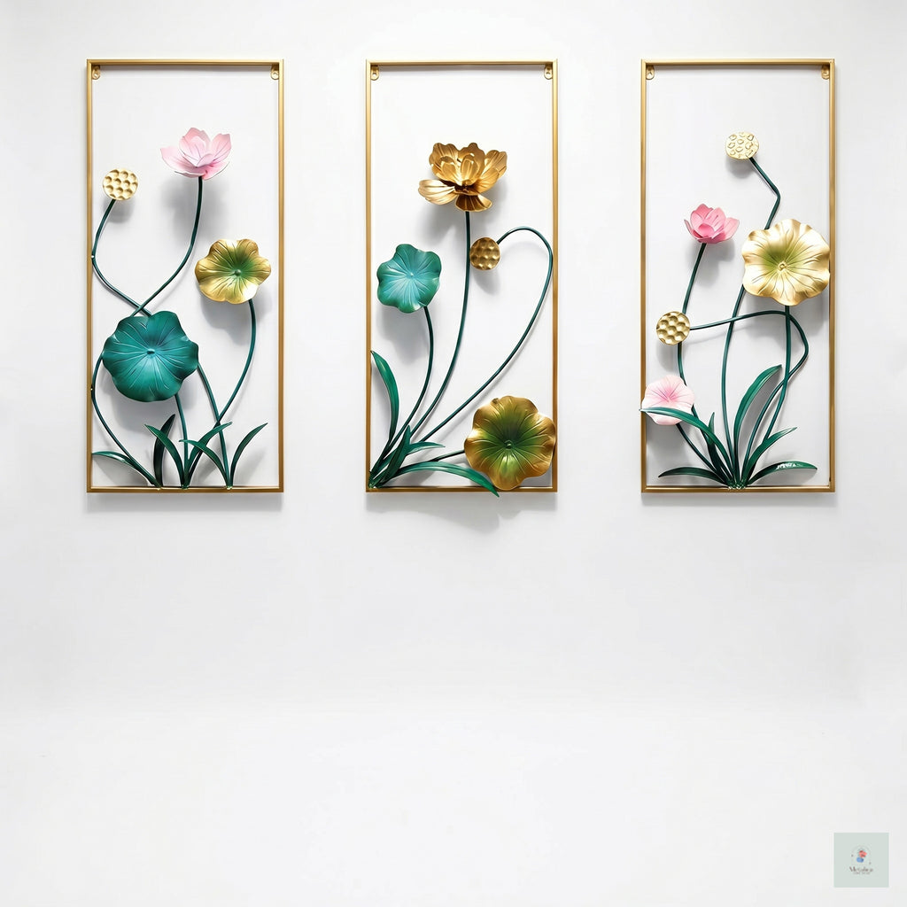 3-piece metal lotus wall art set, 33x18 inch modern vertical floral sculpture in gold, green, and pink for living room wall decor.