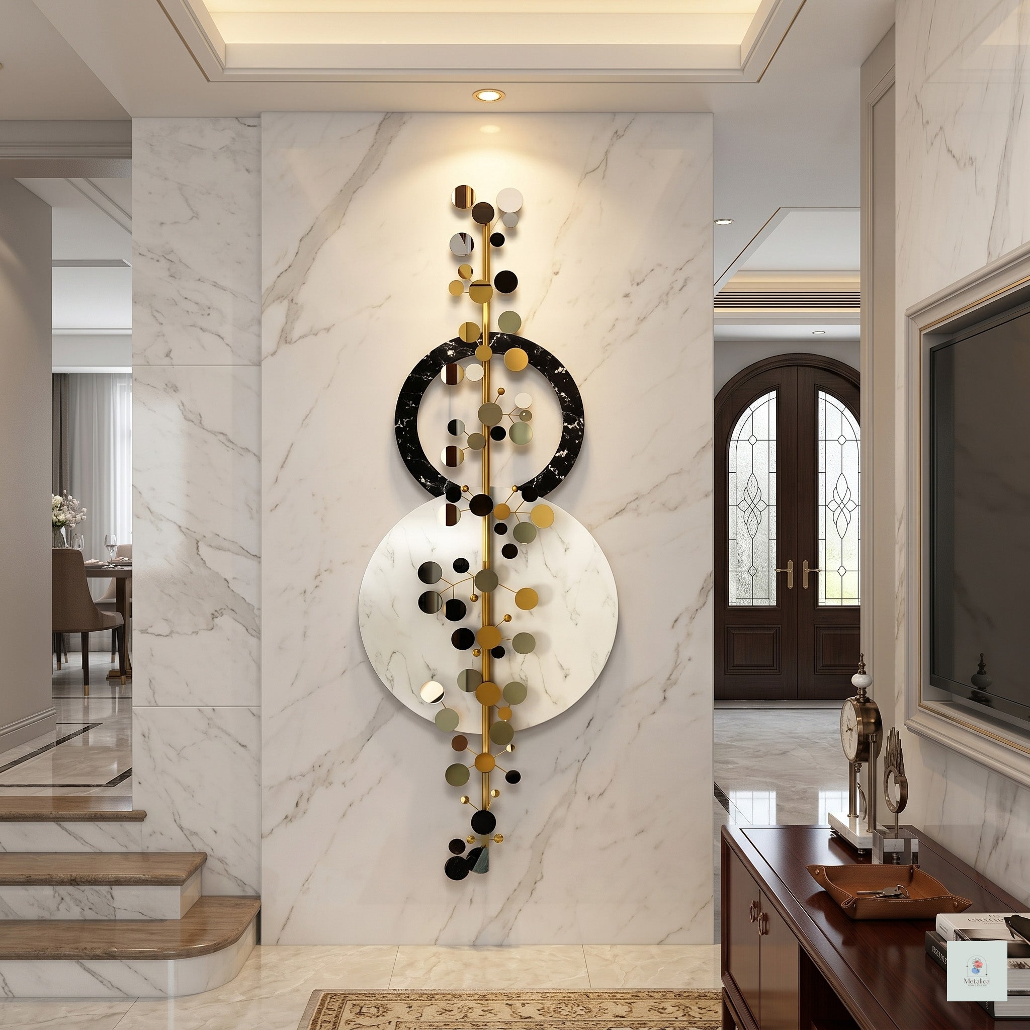 48x24 modern vertical abstract metal wall art, geometric sculpture with black, white, and gold circular motifs for entryway decor.