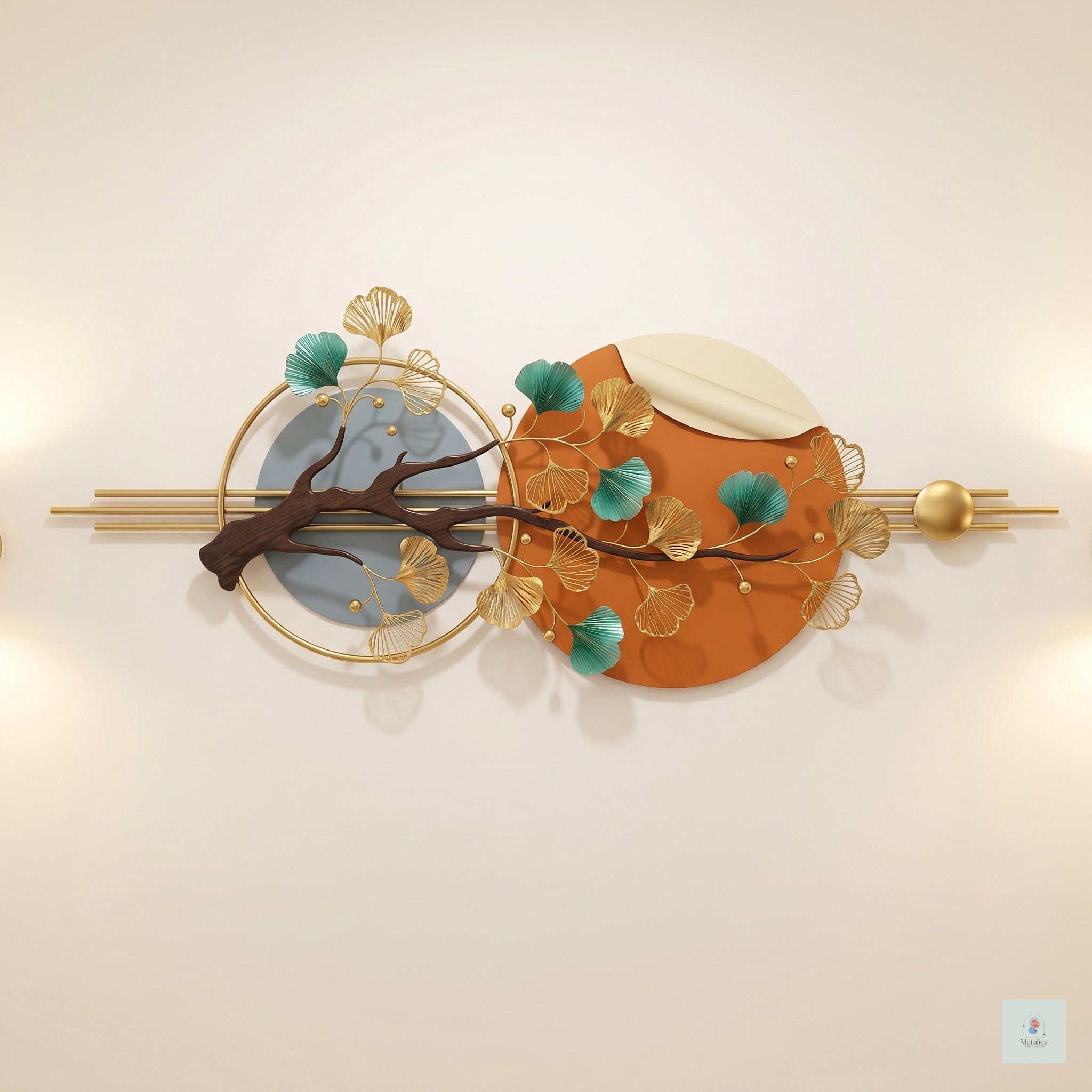 48x24 modern Zen ginkgo leaf wall art, botanical metal sculpture with gold and teal leaves on orange and grey circular background for living room decor.