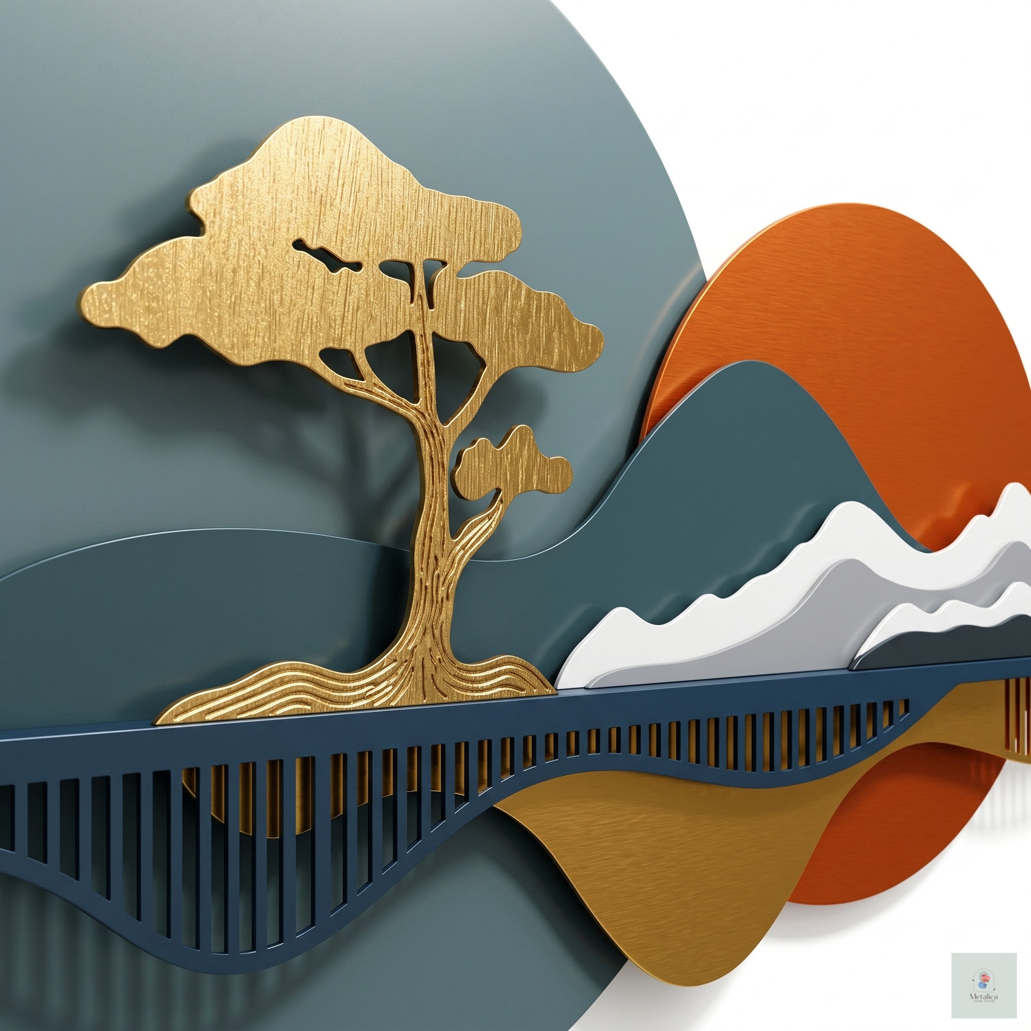 48x24 modern metal deer landscape wall art, abstract mountain and sunset sculpture with gold deer and tree for living room decor.