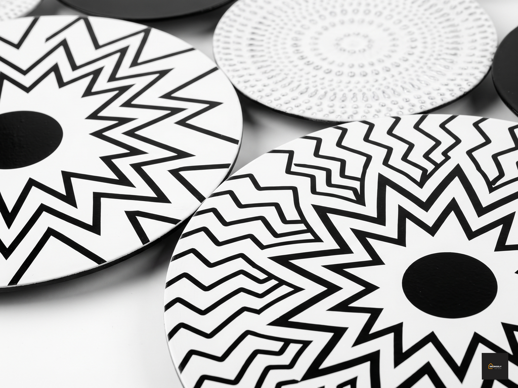 Black & White Metal Circle Wall Art Decor | Set of 10 Geometric Disc Wall Sculpture | Bold Monochrome Abstract Wall Hanging for Living Room, Bedroom & Office