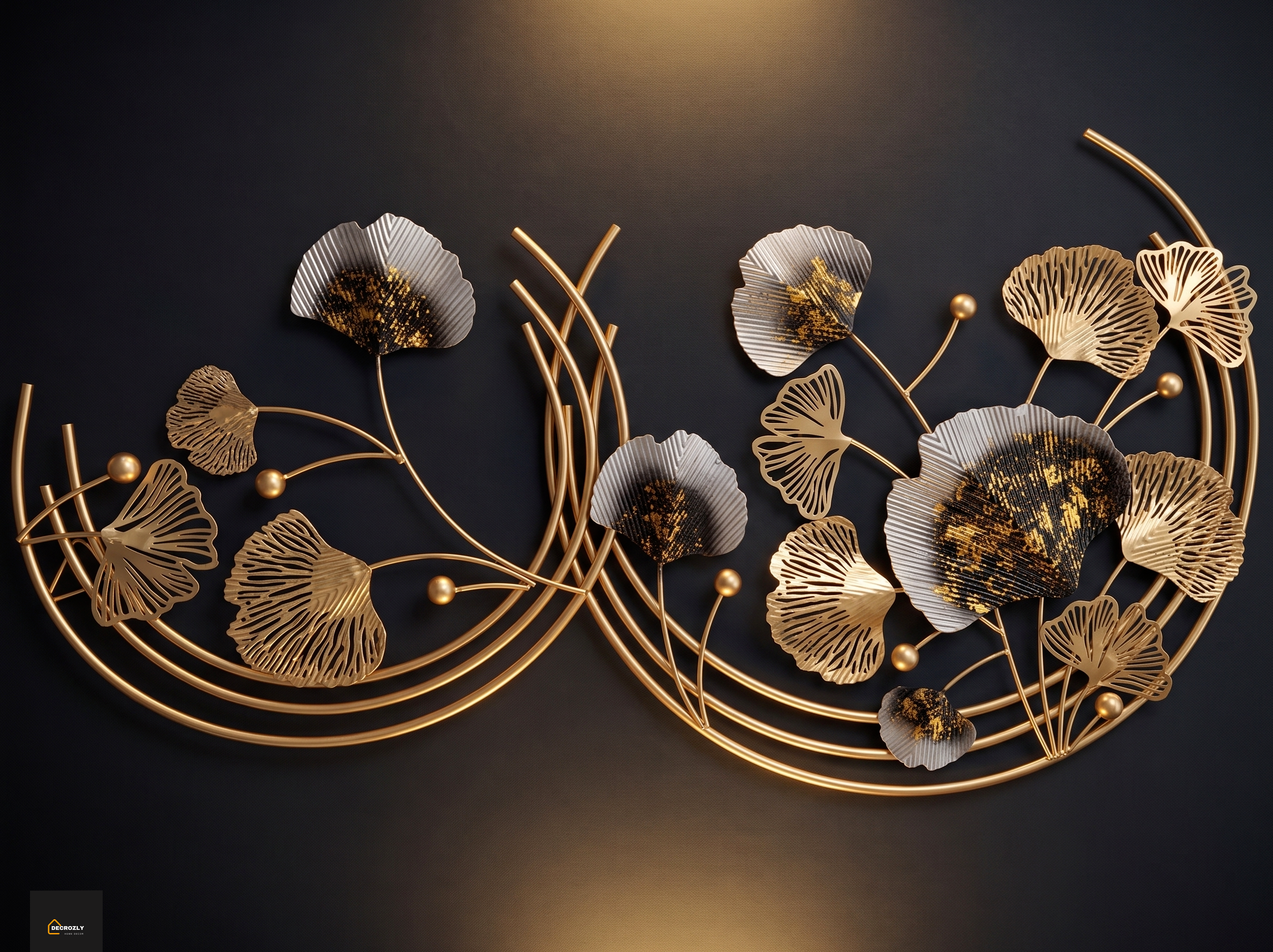 Decorative gold floral design on a dark background