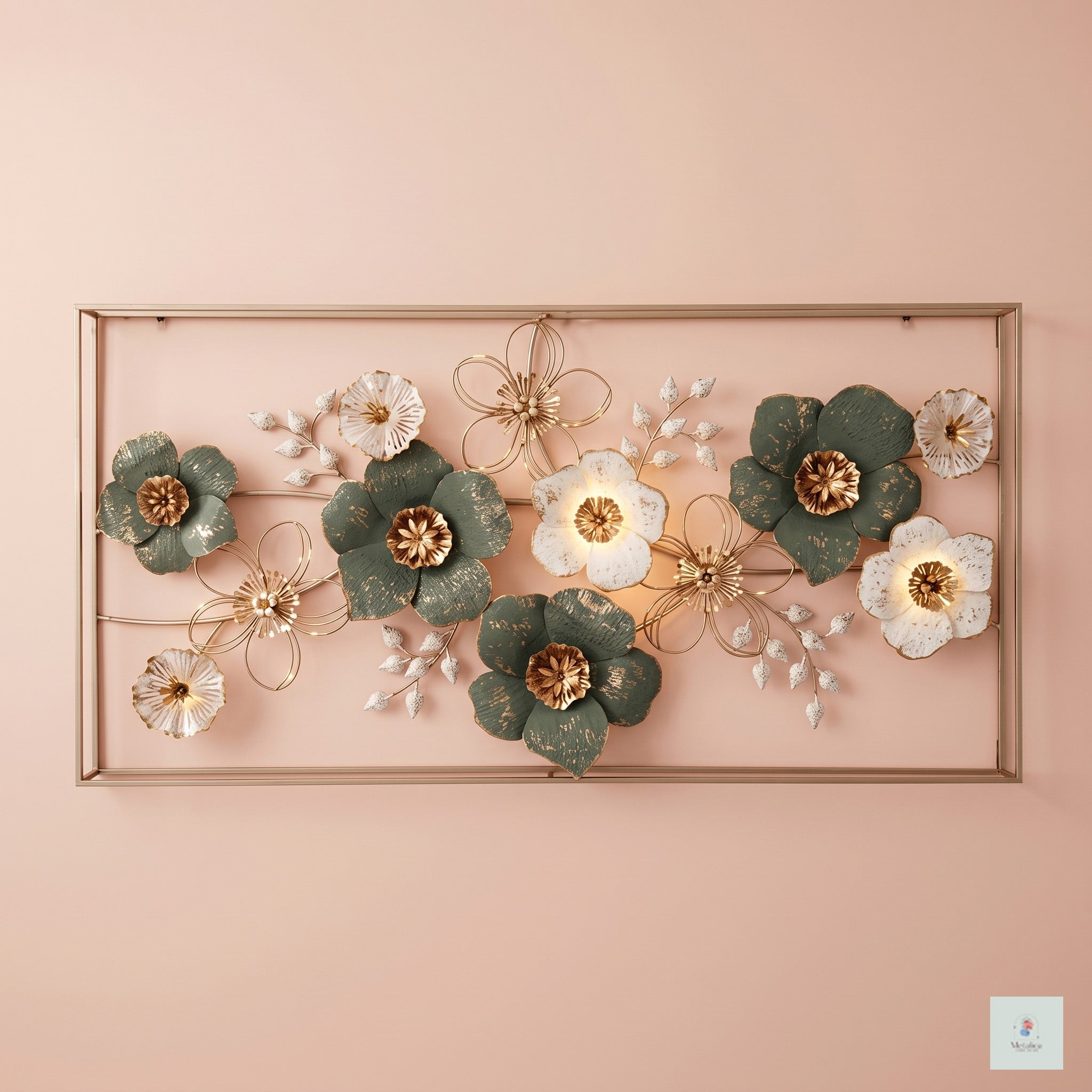 Large floral metal wall art, 25x50 inch botanical sculpture with green and white flowers for living room decor.