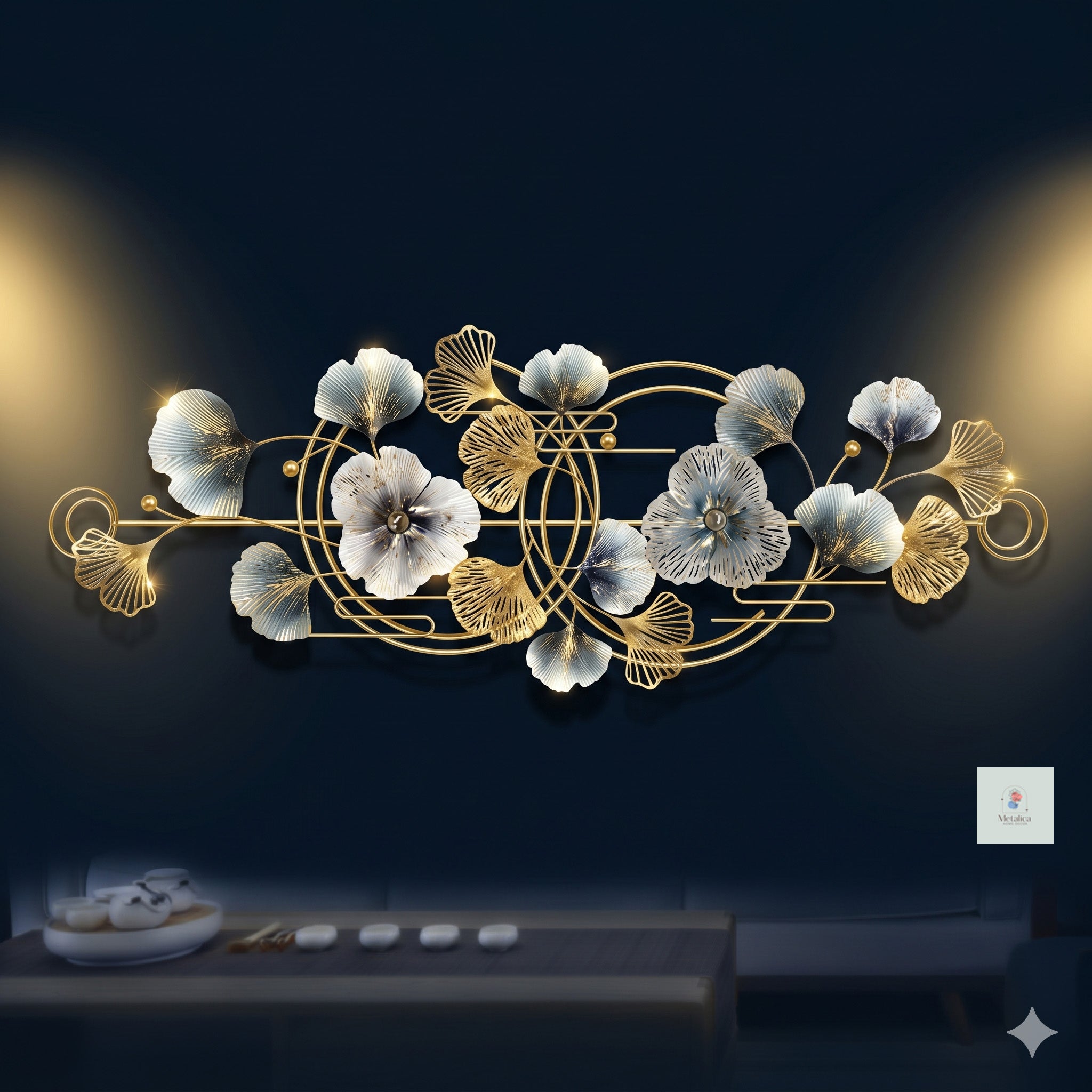 28x24 modern metal ginkgo and floral wall art, luxury gold and blue abstract sculpture for living room decor.