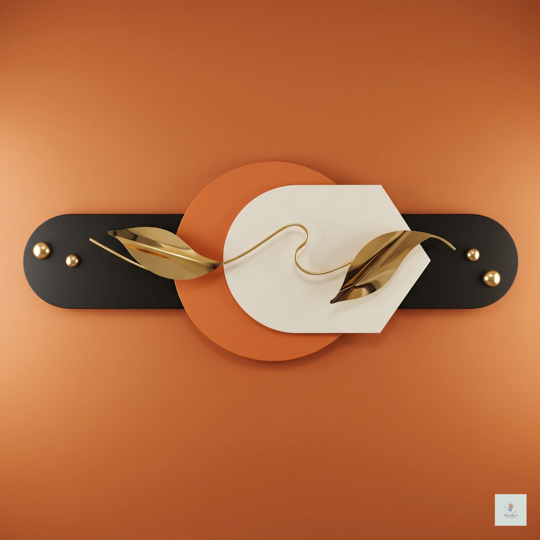 22x48 modern geometric metal wall art, abstract orange, white, and black sculpture with gold leaves for living room decor.