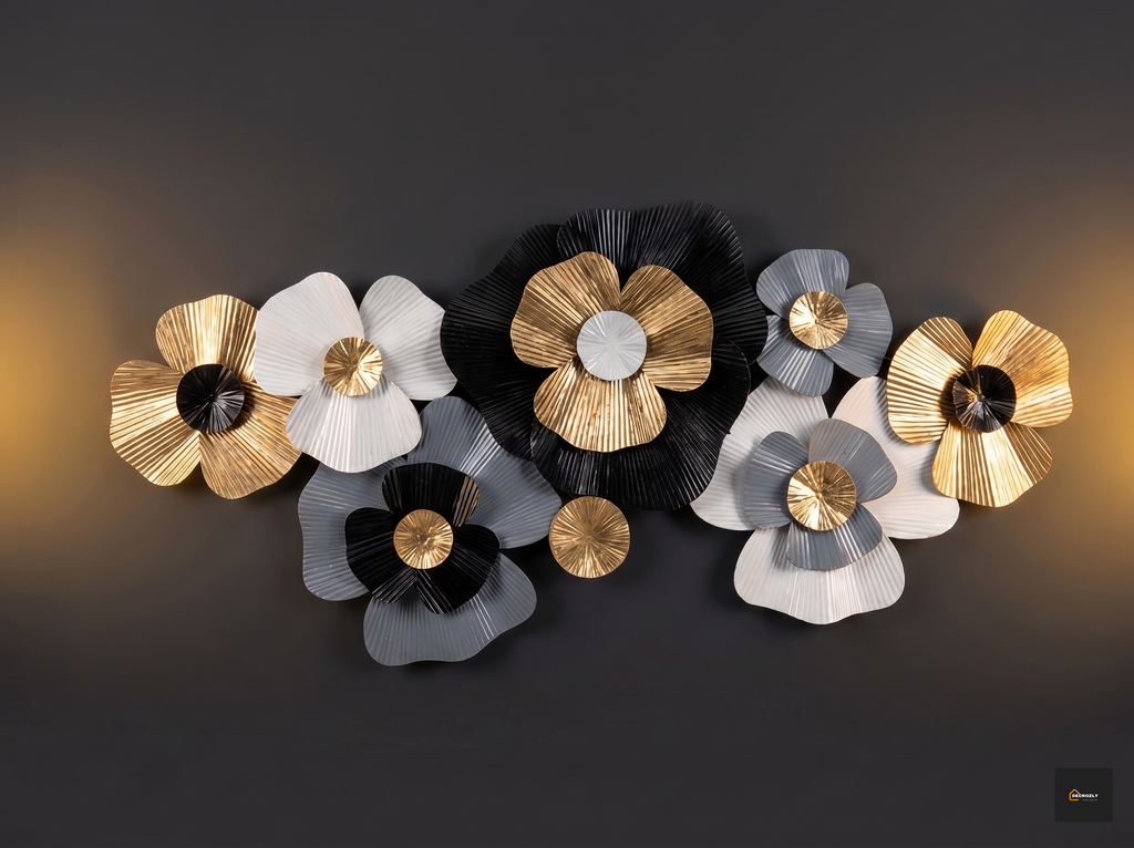 Multi-Tone Metal Flower Wall Art Decor | 2x4 Ft (60x120 cm) 3D Floral Wall Sculpture | Black, Grey, White & Gold Botanical Wall Hanging for Living Room, Bedroom & Entryway | Geometcir | Nature |