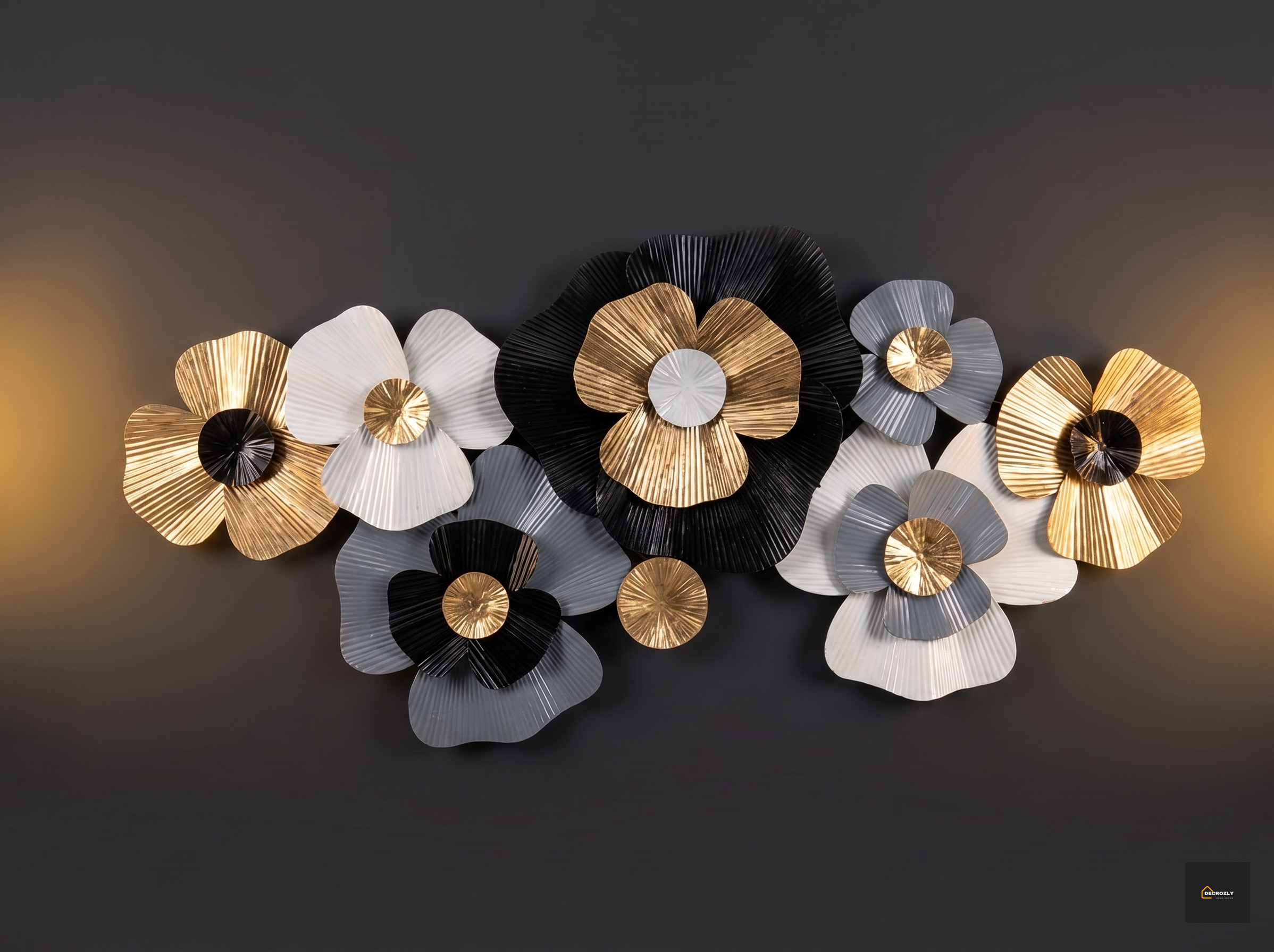 Multi-Tone Metal Flower Wall Art Decor | 2x4 Ft (60x120 cm) 3D Floral Wall Sculpture | Black, Grey, White & Gold Botanical Wall Hanging for Living Room, Bedroom & Entryway | Geometcir | Nature |
