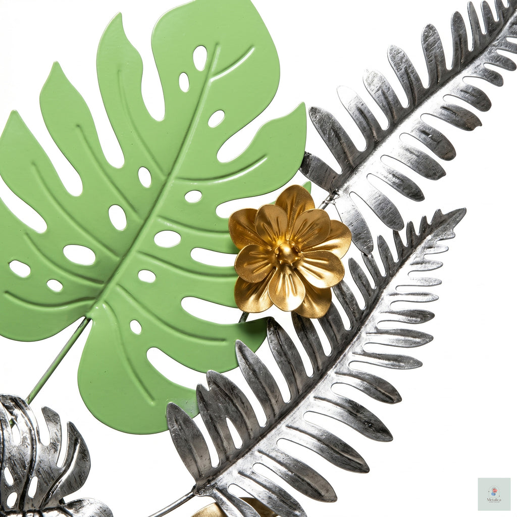 28x52 large tropical metal wall art, botanical Monstera and fern leaf sculpture in green, gold, and silver for bedroom and living room decor.