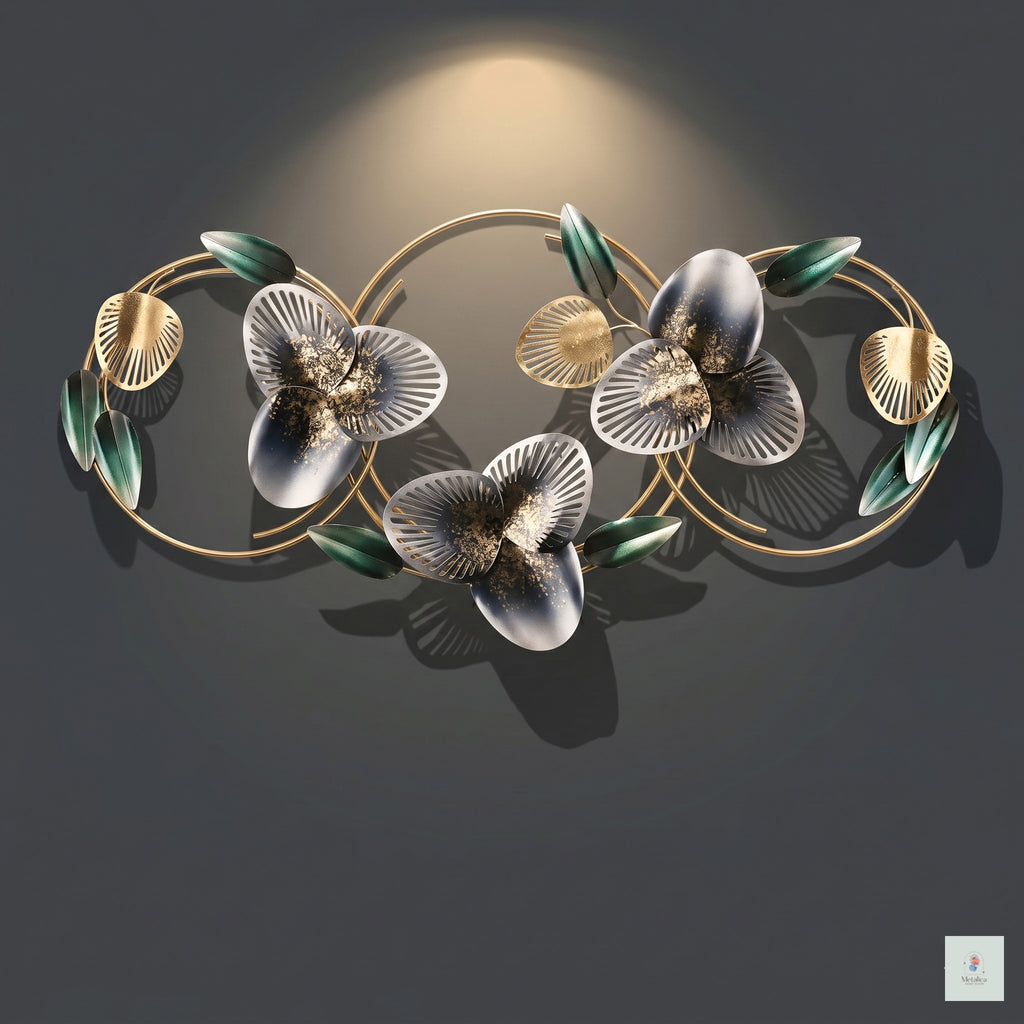 48x24 modern metal floral wall art, elegant gold and green botanical sculpture with circular frames for living room decor.