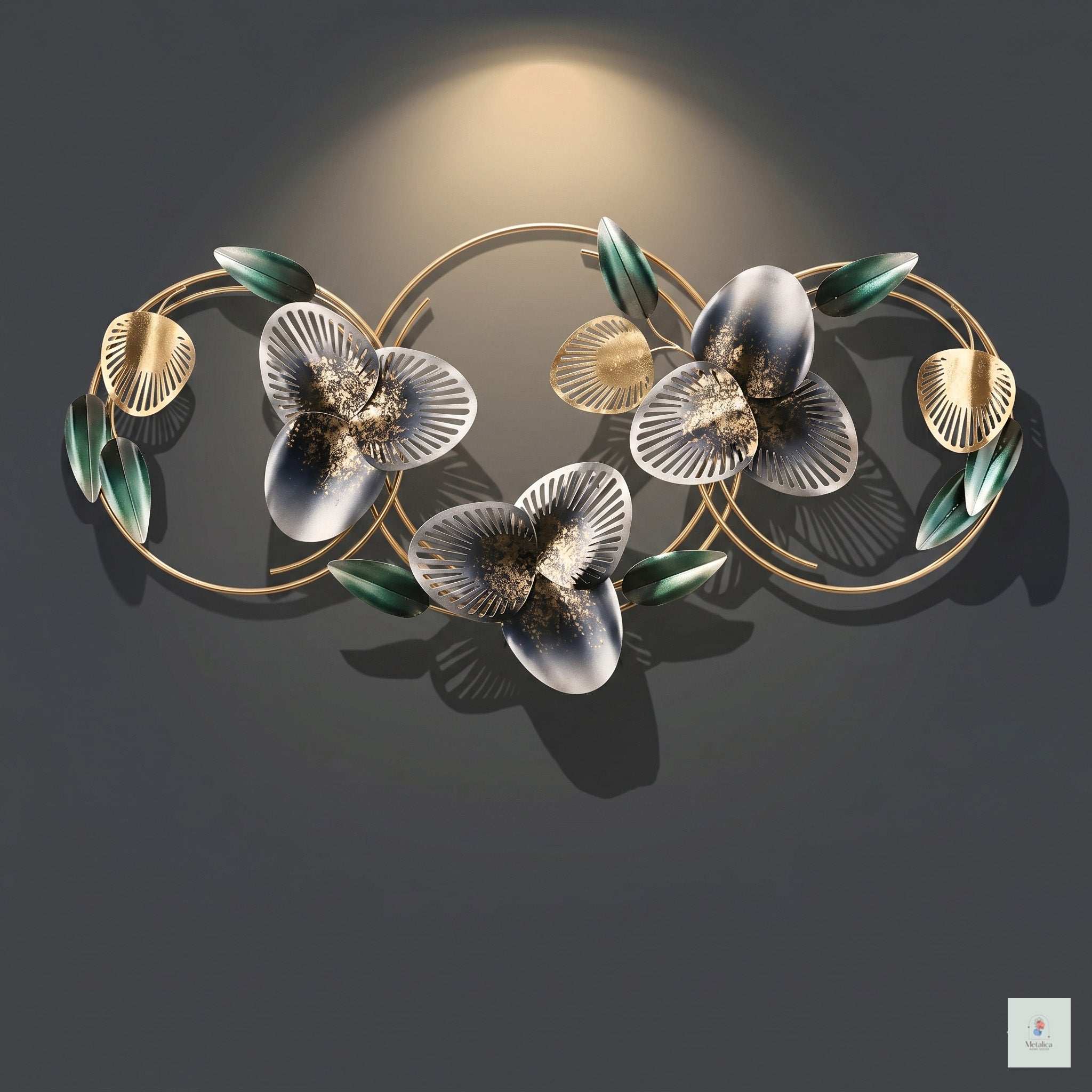 48x24 modern metal floral wall art, elegant gold and green botanical sculpture with circular frames for living room decor.
