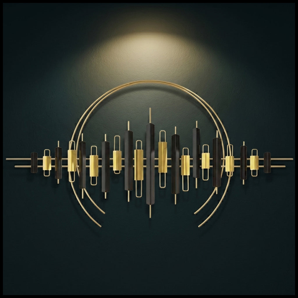28x48 modern geometric metal wall art, abstract black and gold equalizer-style sculpture for living room decor.