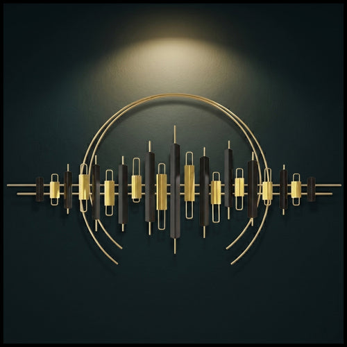 28x48 modern geometric metal wall art, abstract black and gold equalizer-style sculpture for living room decor.