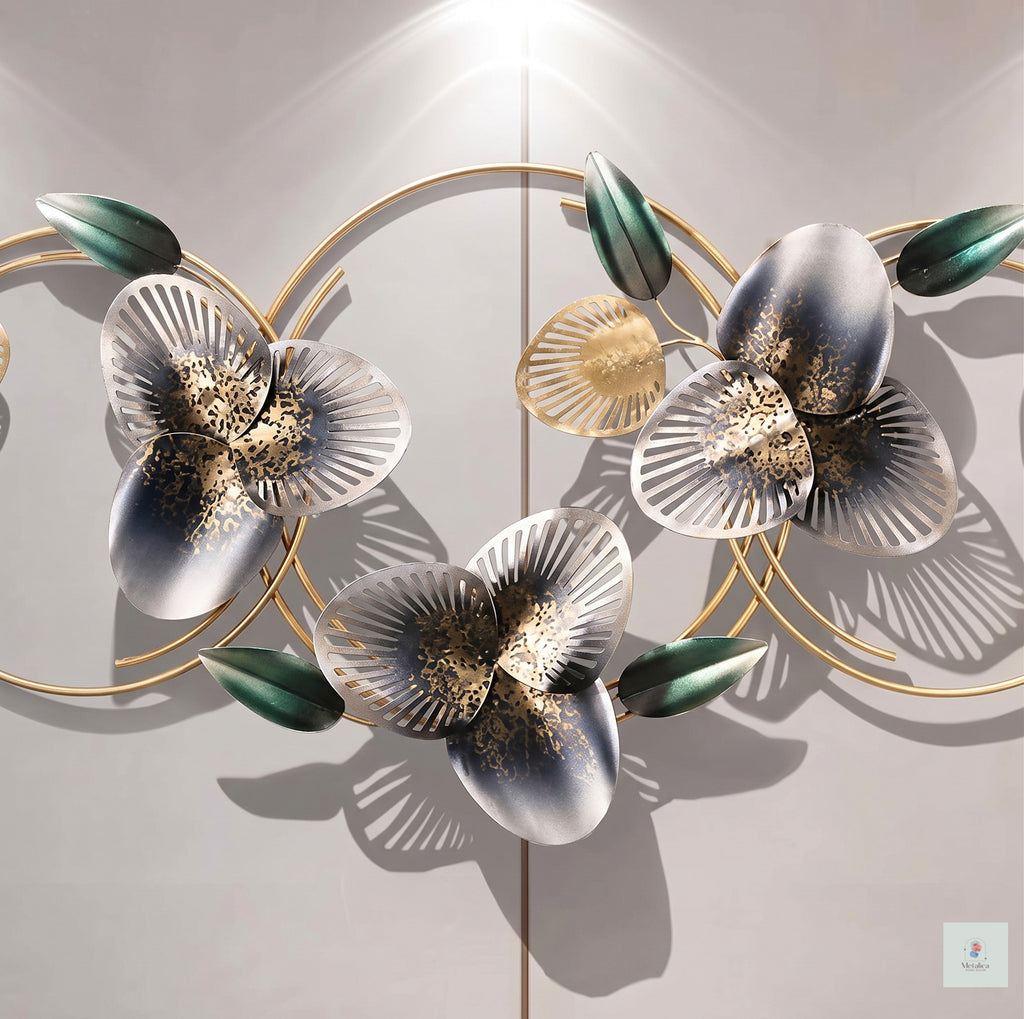 48x24 modern metal floral wall art, elegant gold and green botanical sculpture with circular frames for living room decor.
