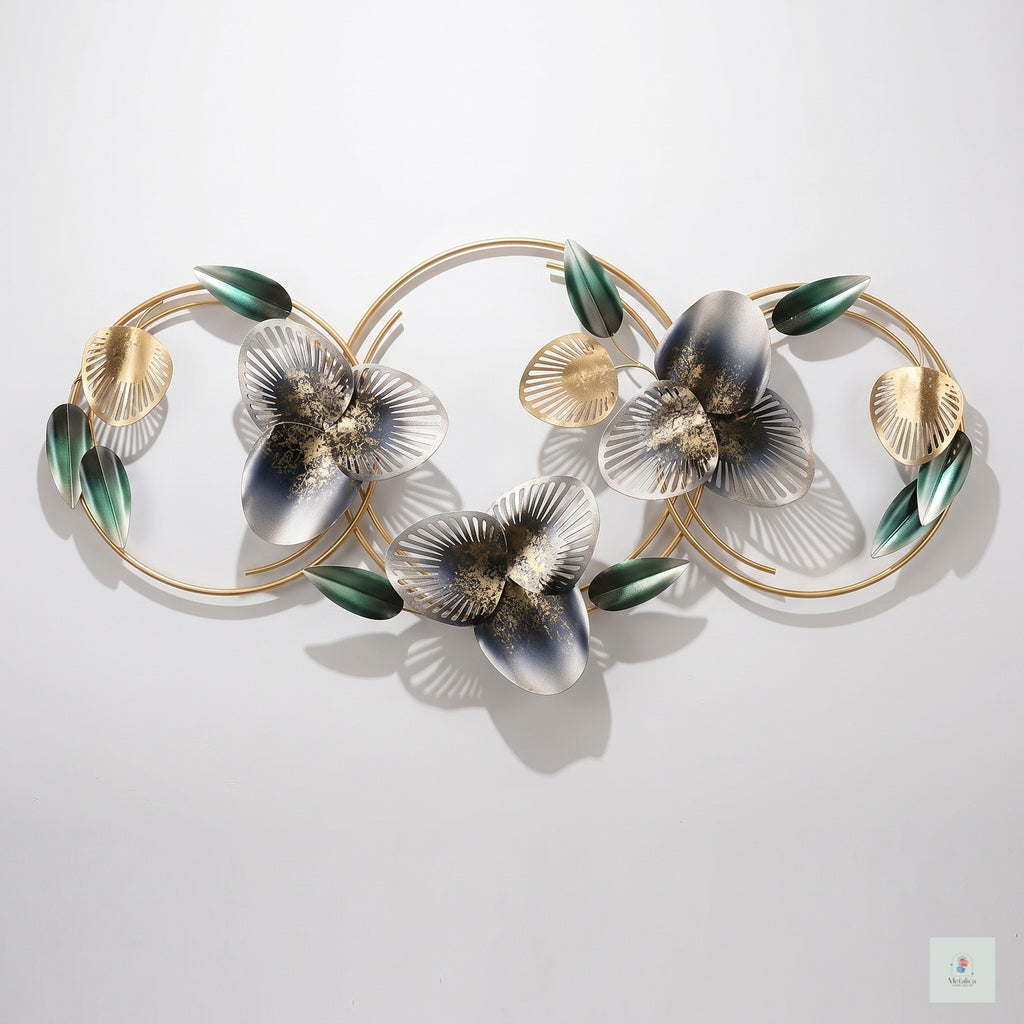 48x24 modern metal floral wall art, elegant gold and green botanical sculpture with circular frames for living room decor.