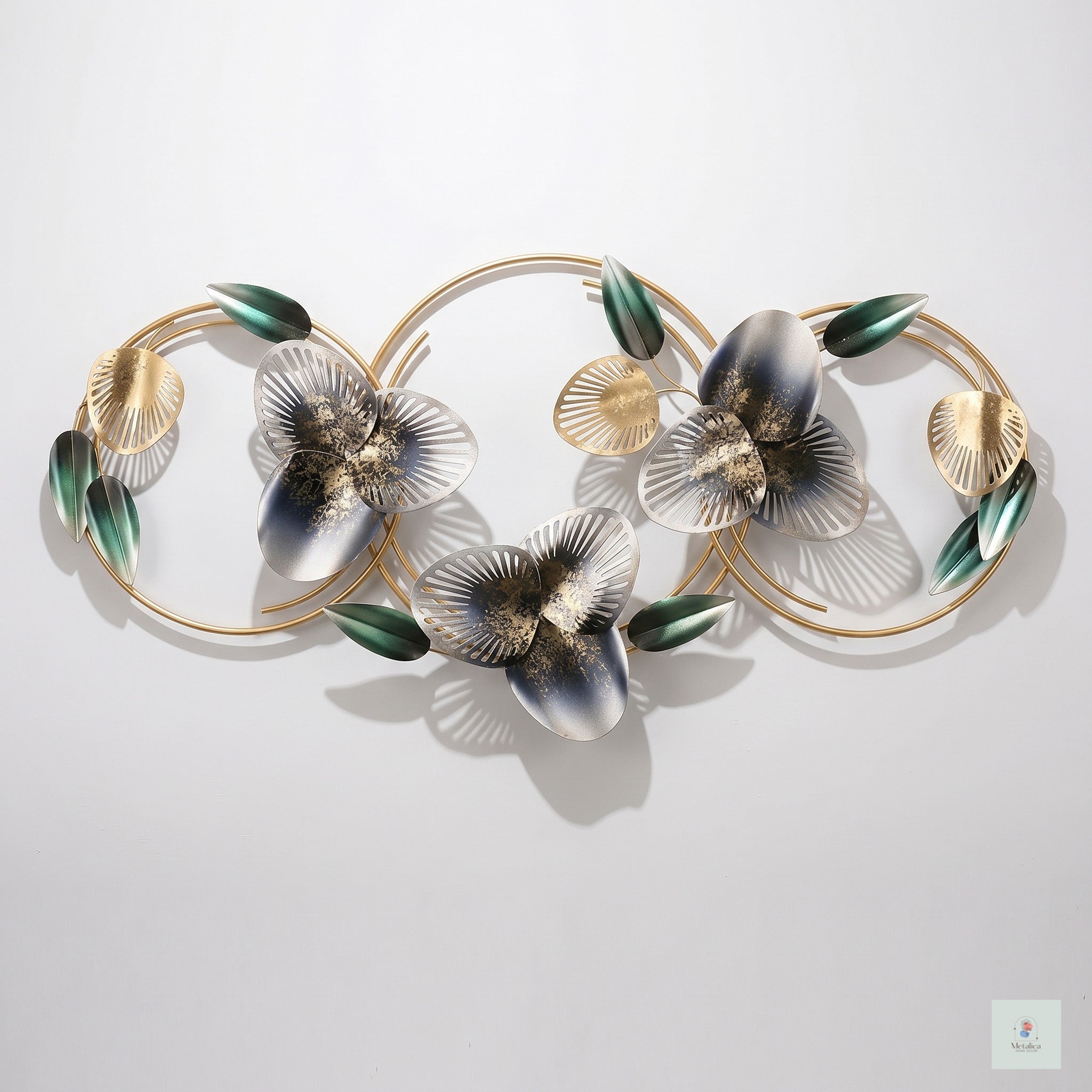 48x24 modern metal floral wall art, elegant gold and green botanical sculpture with circular frames for living room decor.