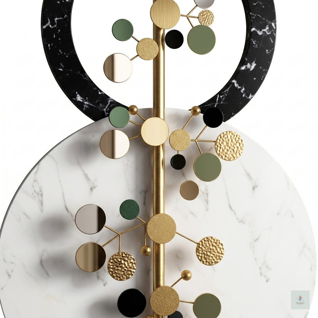 48x24 modern vertical abstract metal wall art, geometric sculpture with black, white, and gold circular motifs for entryway decor.