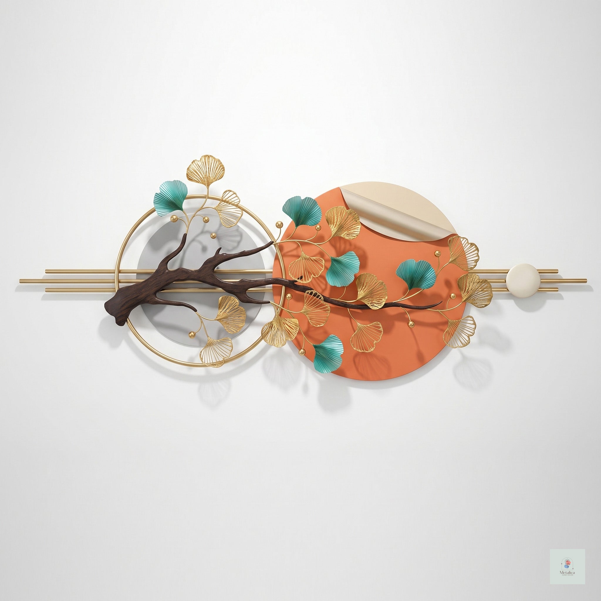 48x24 modern Zen ginkgo leaf wall art, botanical metal sculpture with gold and teal leaves on orange and grey circular background for living room decor.