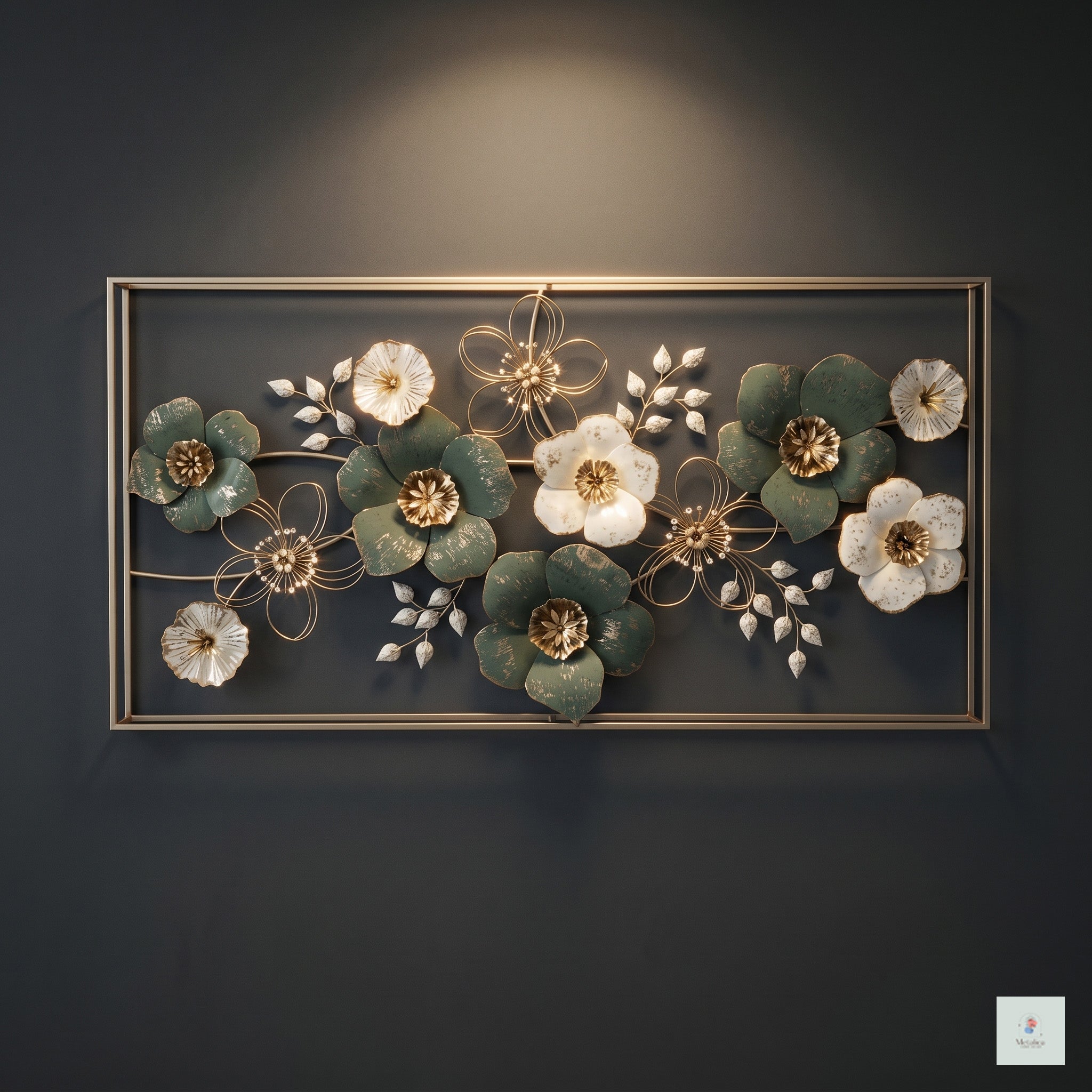 Large floral metal wall art, 25x50 inch botanical sculpture with green and white flowers for living room decor.