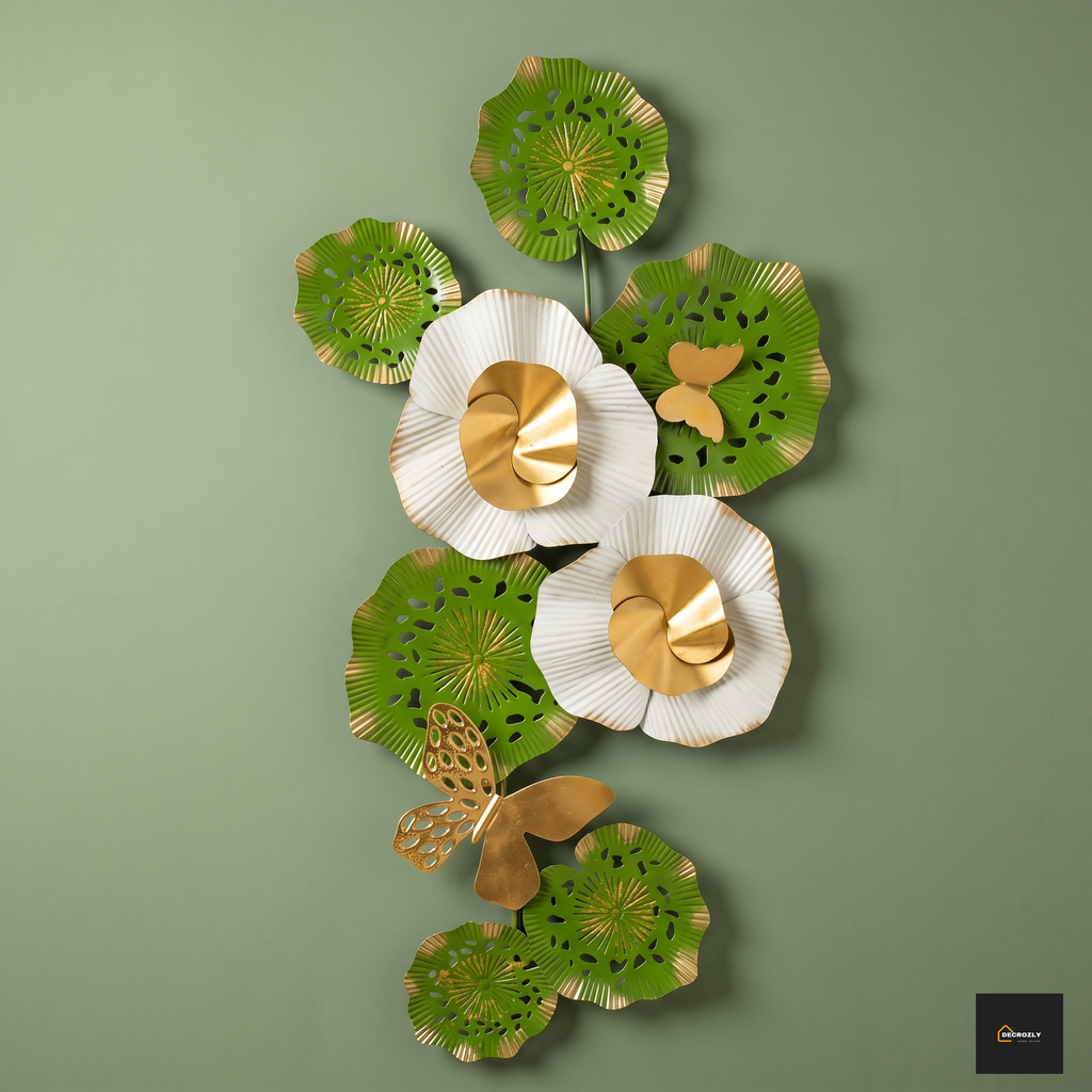 Decorative wall art with floral and butterfly designs on a green background