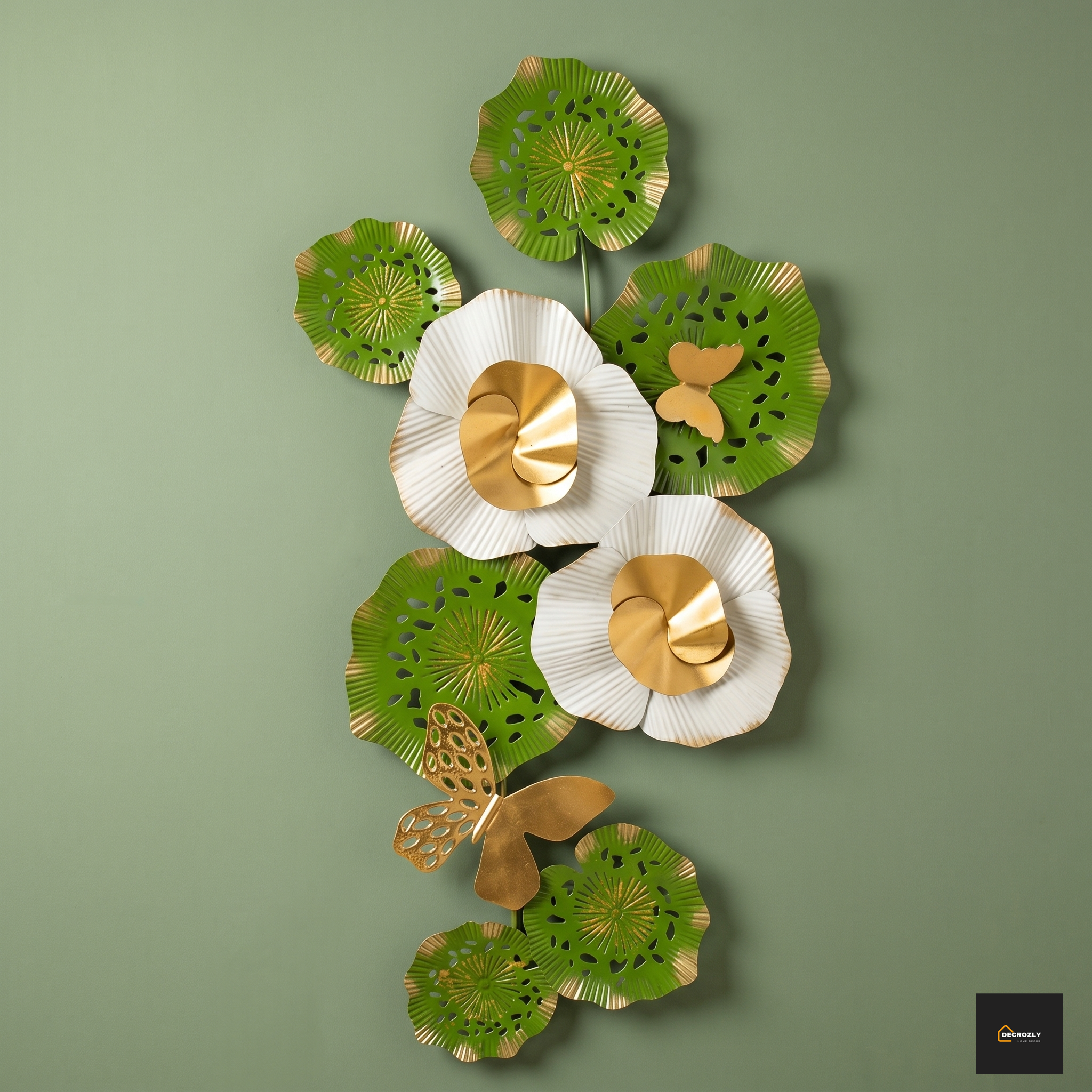 Decorative wall art with floral and butterfly designs on a green background