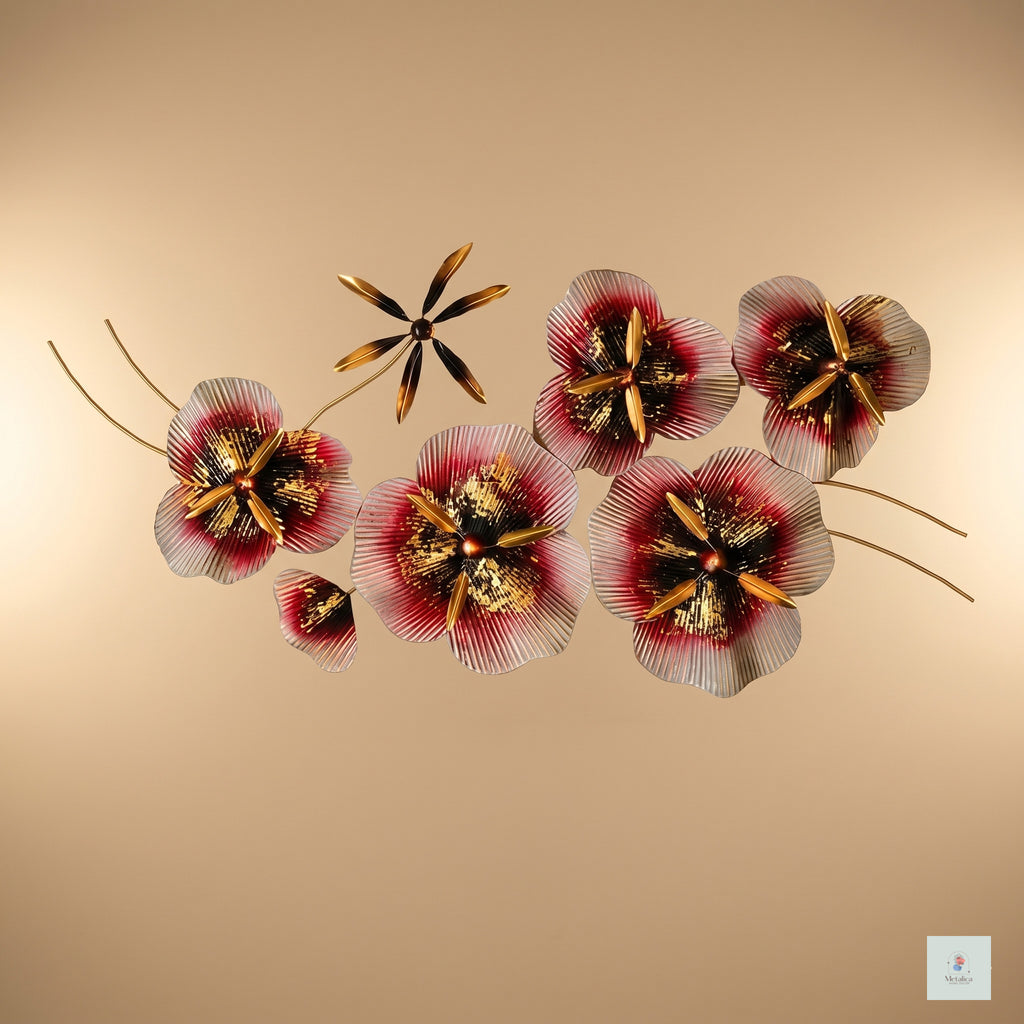 48x24 modern metal floral wall art, vibrant red and gold bloom sculpture for living room decor.