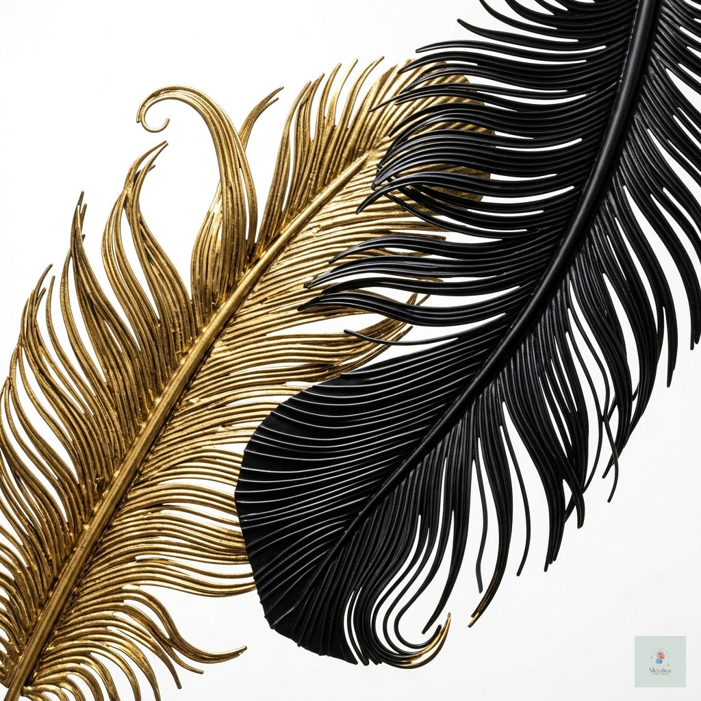 Gold and black feathers on a white background