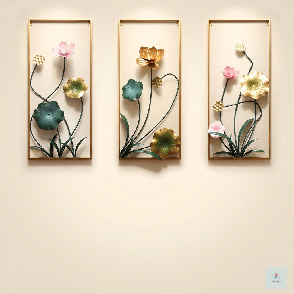 3-piece metal lotus wall art set, 33x18 inch modern vertical floral sculpture in gold, green, and pink for living room wall decor.