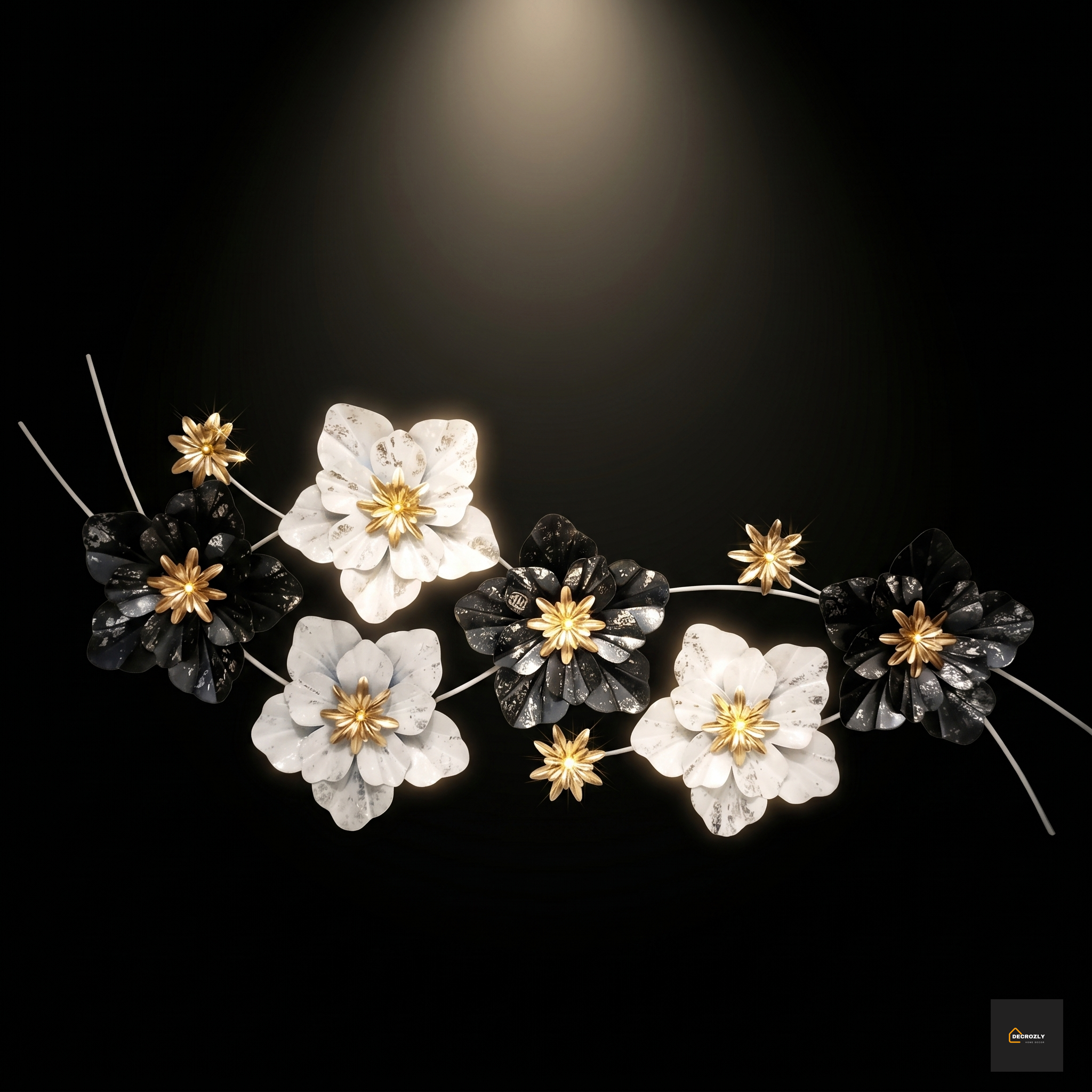 Floral headband with black, white, and gold flowers on a black background