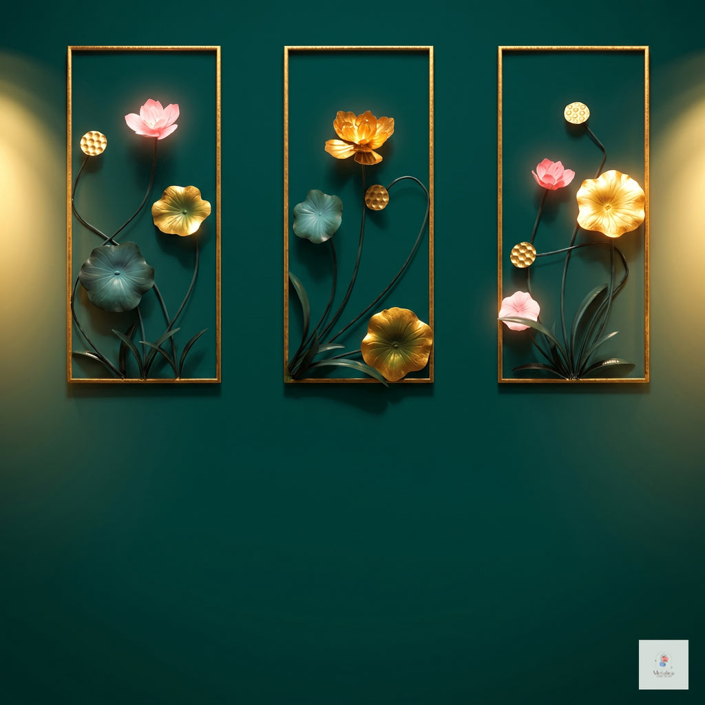 3-piece metal lotus wall art set, 33x18 inch modern vertical floral sculpture in gold, green, and pink for living room wall decor.