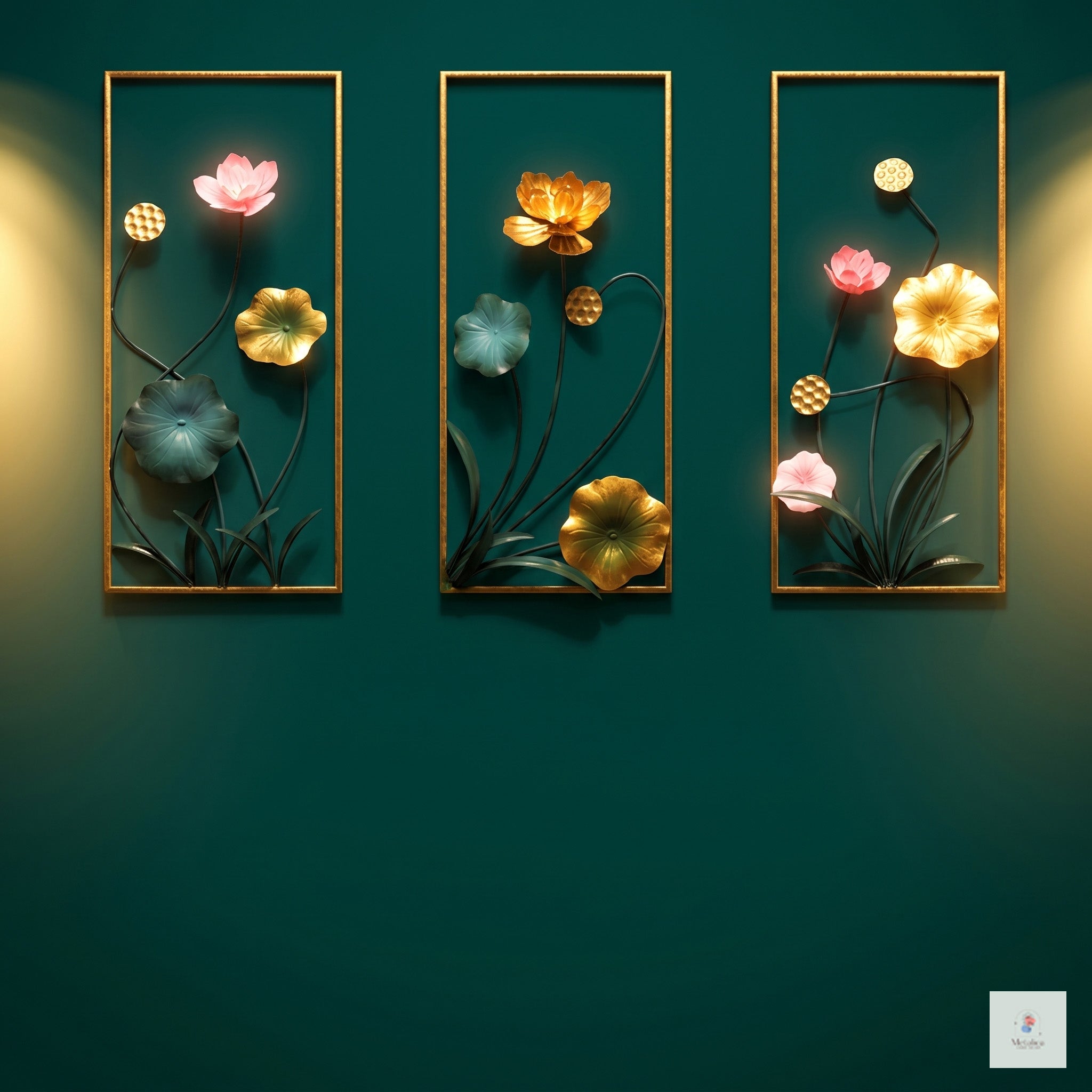 3-piece metal lotus wall art set, 33x18 inch modern vertical floral sculpture in gold, green, and pink for living room wall decor.