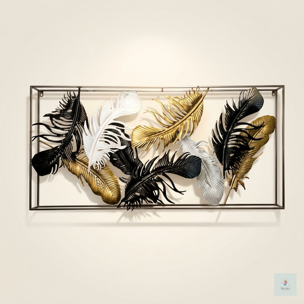 Decorative wall art with black, gold, and white feathers on a beige background