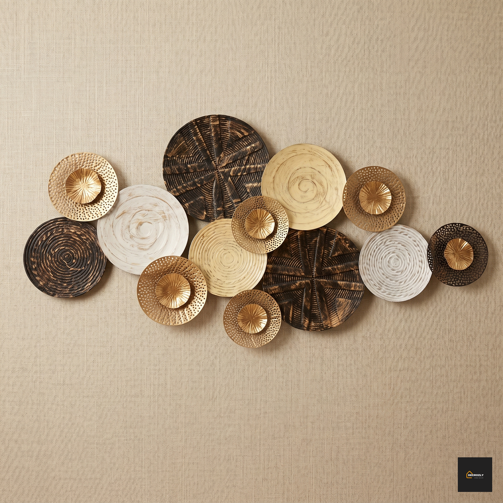 Decorative wall art with round, textured plates in gold, brown, and white on a beige wall.