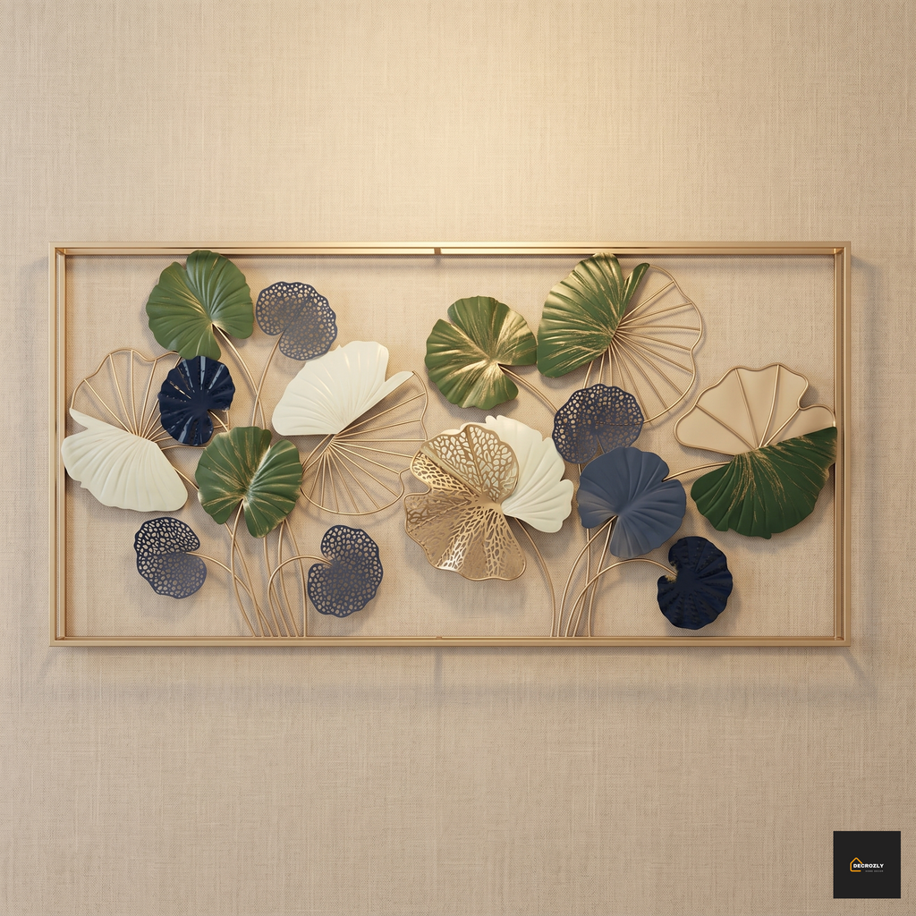 Decorative wall art with leaf patterns in a gold frame on a beige wall.
