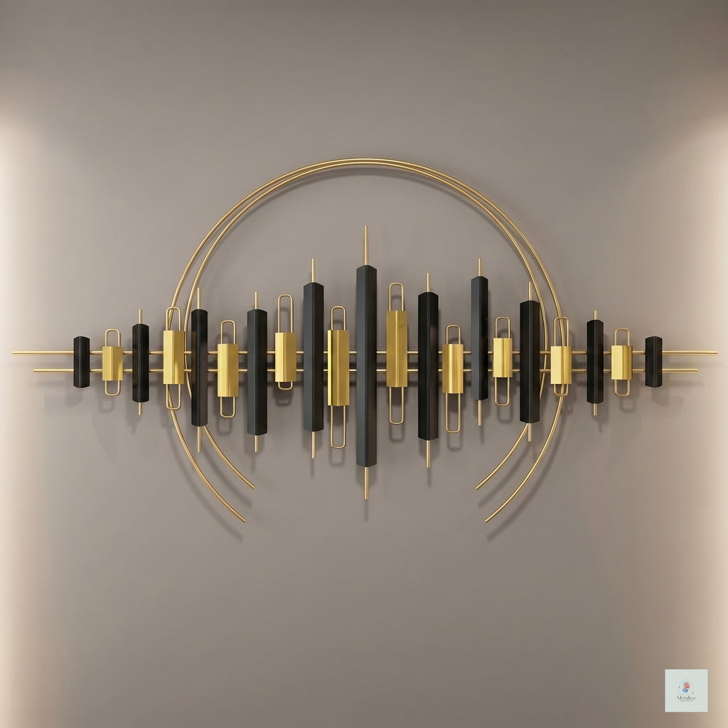 28x48 modern geometric metal wall art, abstract black and gold equalizer-style sculpture for living room decor.