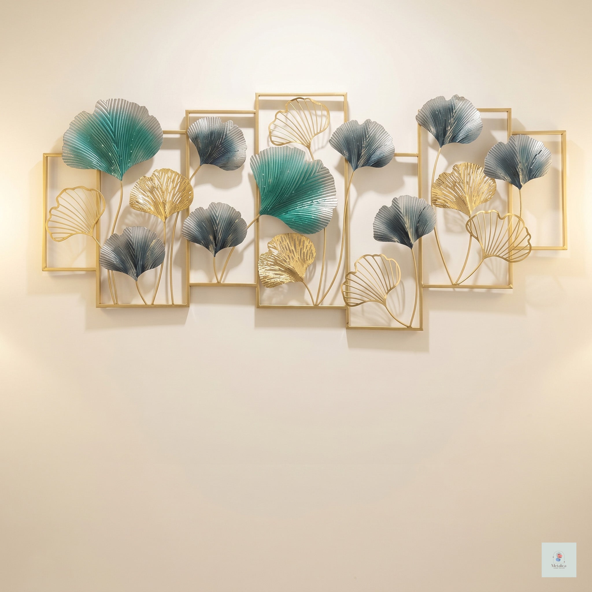 25x50 large modern metal ginkgo leaf wall art, botanical sculpture with teal and gold leaves for living room decor.