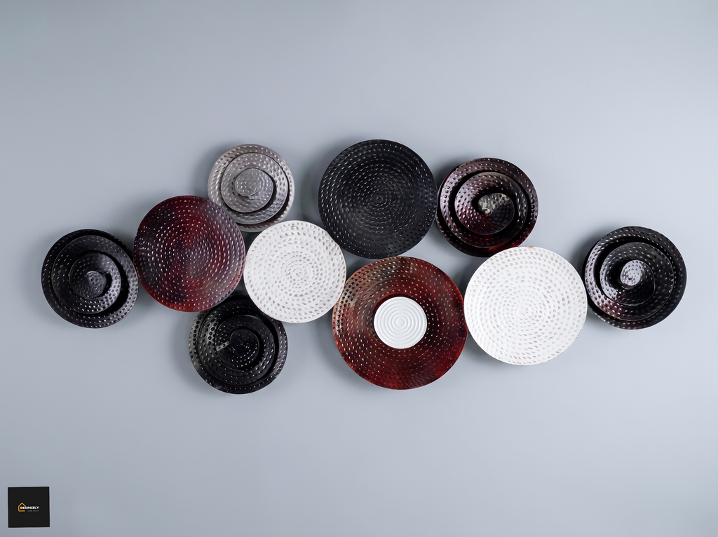 Decorative wall art with circular patterns in various colors on a gray background