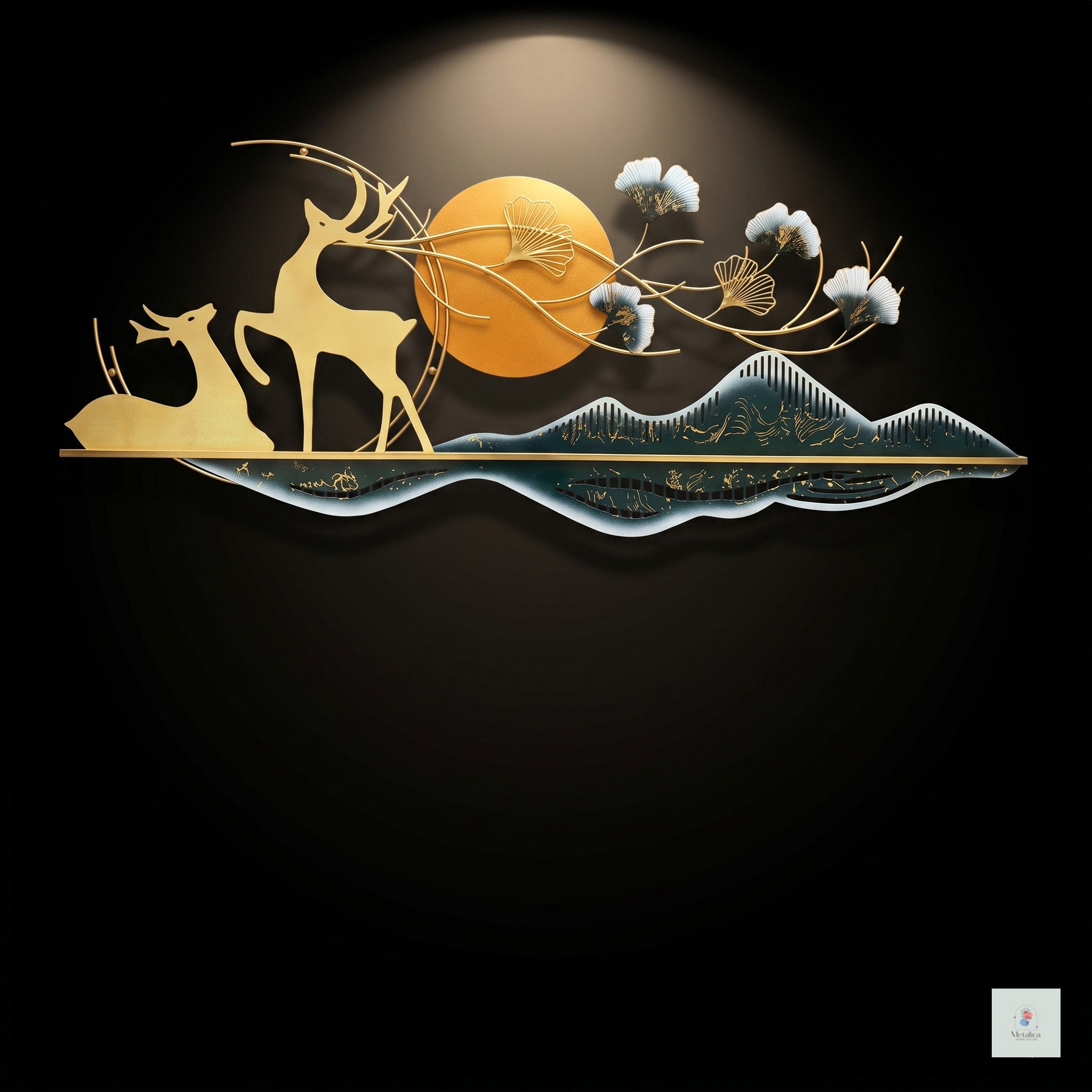 48x24 large modern metal deer landscape wall art, luxury gold and orange mountain sculpture for living room decor.