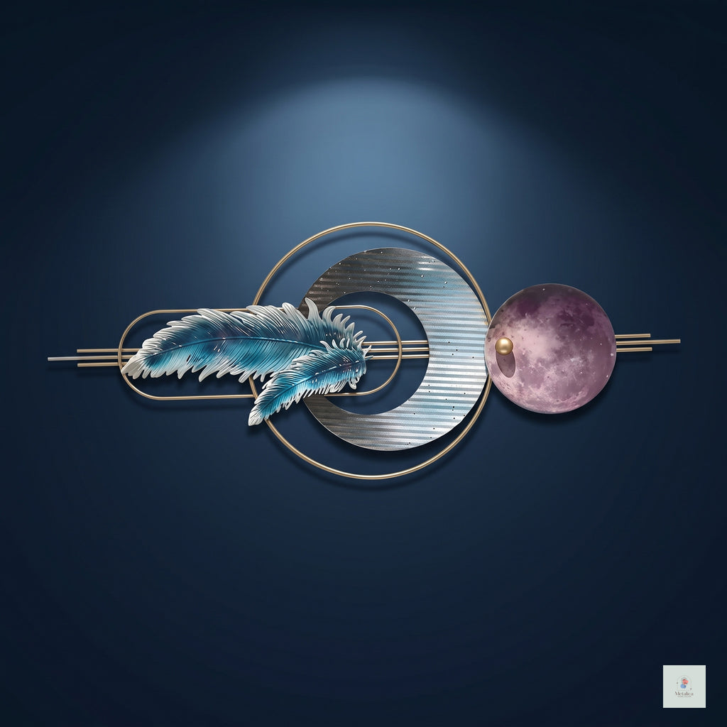 48x24 modern celestial feather and moon metal wall art, luxury abstract sculpture with gold accents for living room decor.