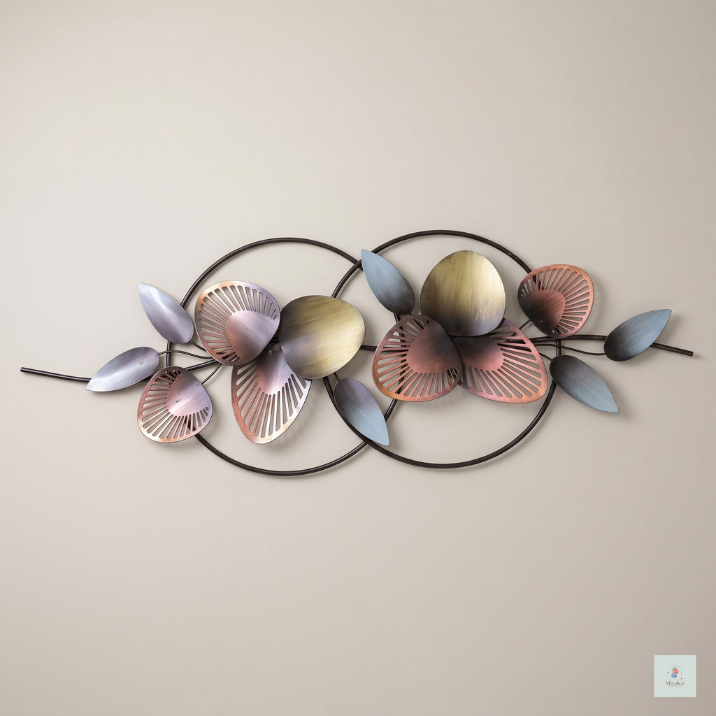 20x42 modern metal circular leaf wall art, copper and bronze abstract sculpture with overlapping frames for living room decor.