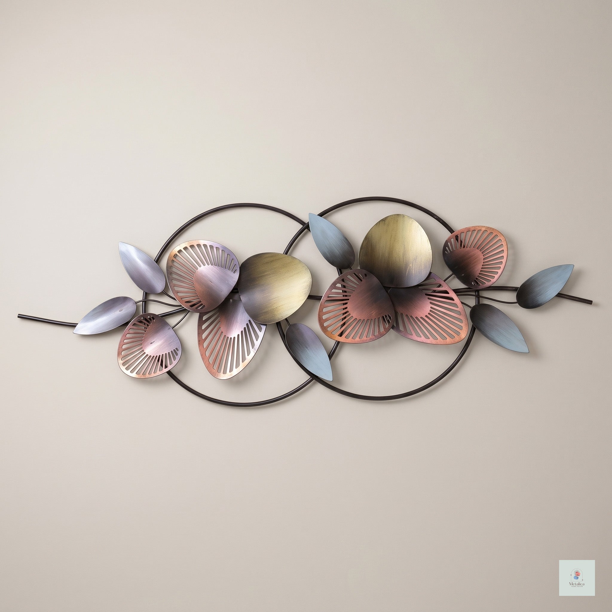 20x42 modern metal circular leaf wall art, copper and bronze abstract sculpture with overlapping frames for living room decor.