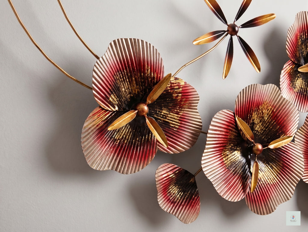 48x24 modern metal floral wall art, vibrant red and gold bloom sculpture for living room decor.