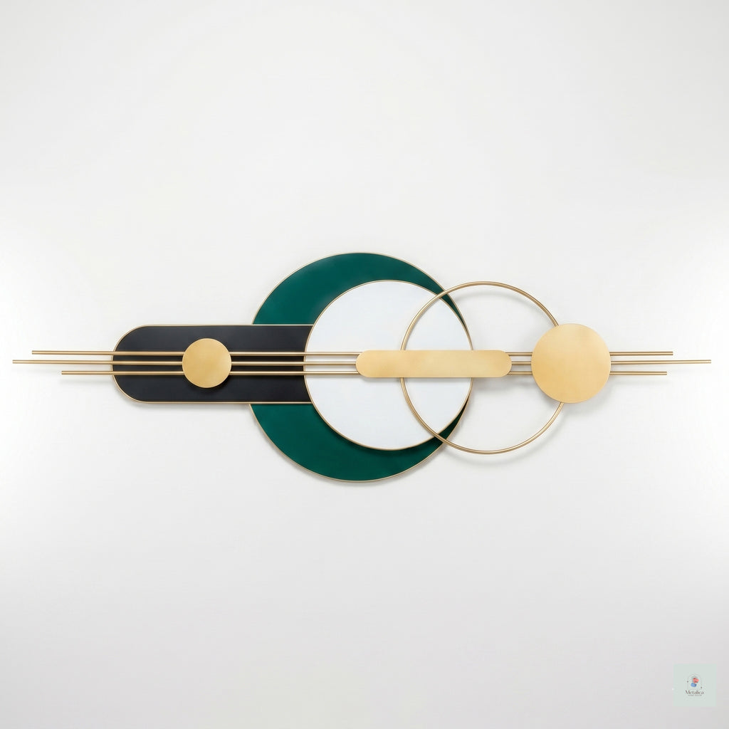 48x24 modern geometric metal wall art, abstract sculpture with gold, teal, and black circles for living room decor.