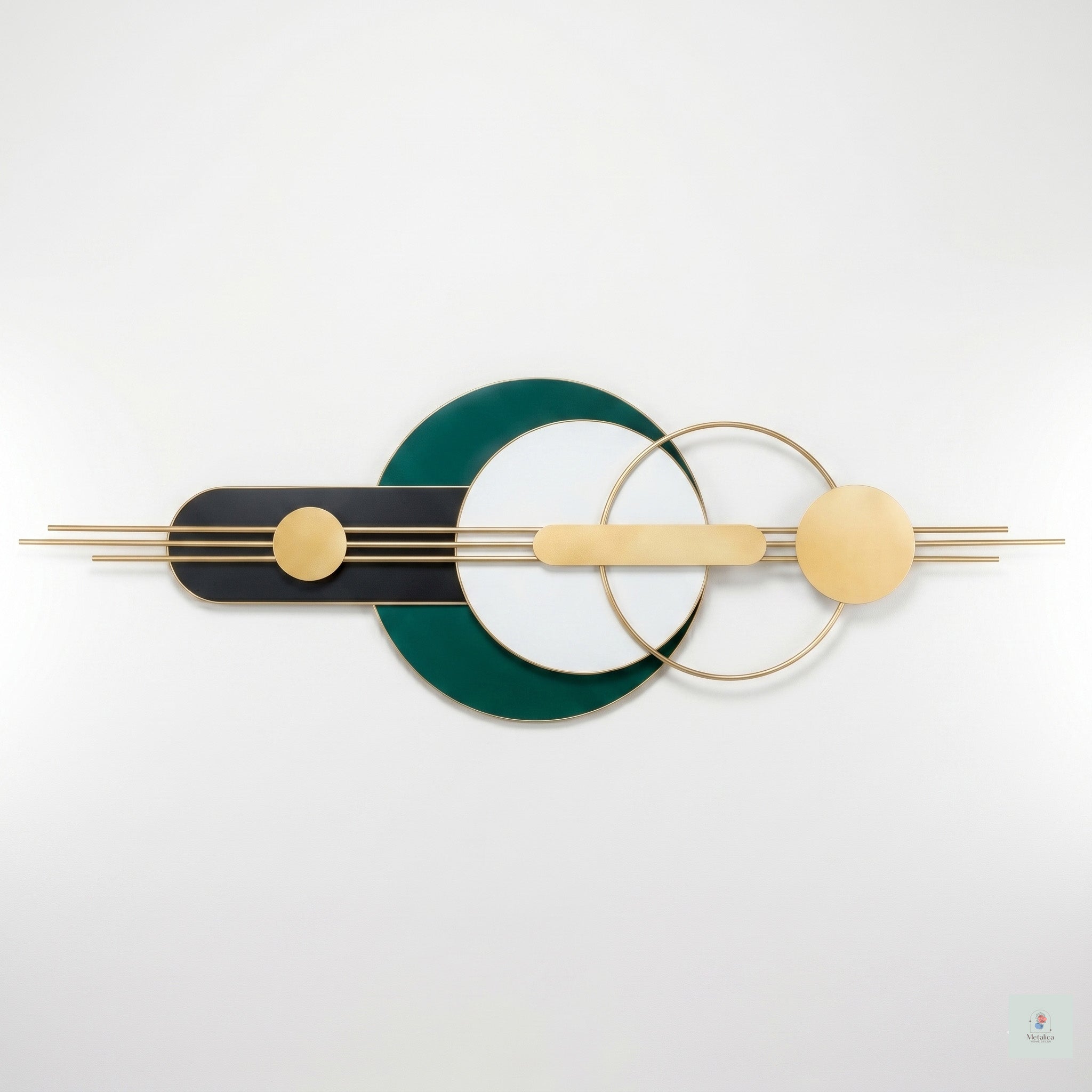 48x24 modern geometric metal wall art, abstract sculpture with gold, teal, and black circles for living room decor.