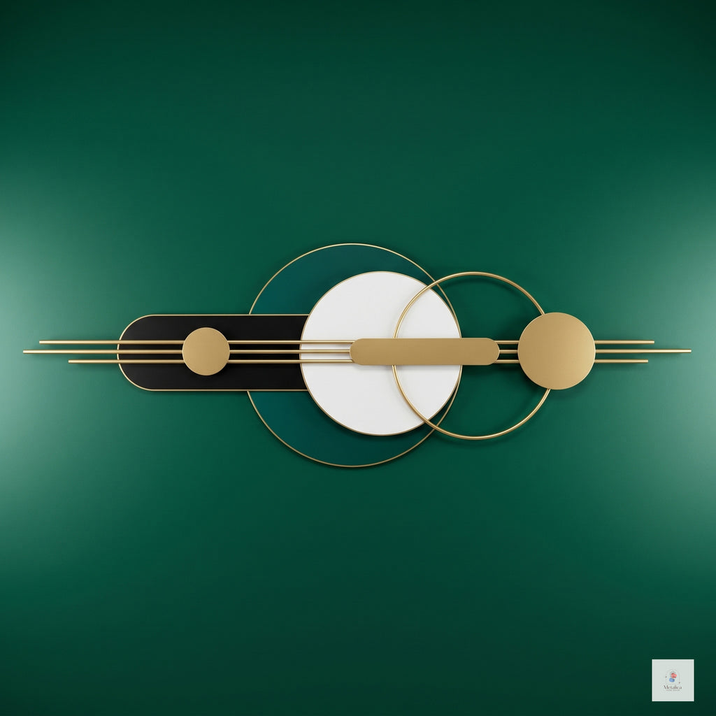 48x24 modern geometric metal wall art, abstract sculpture with gold, teal, and black circles for living room decor.