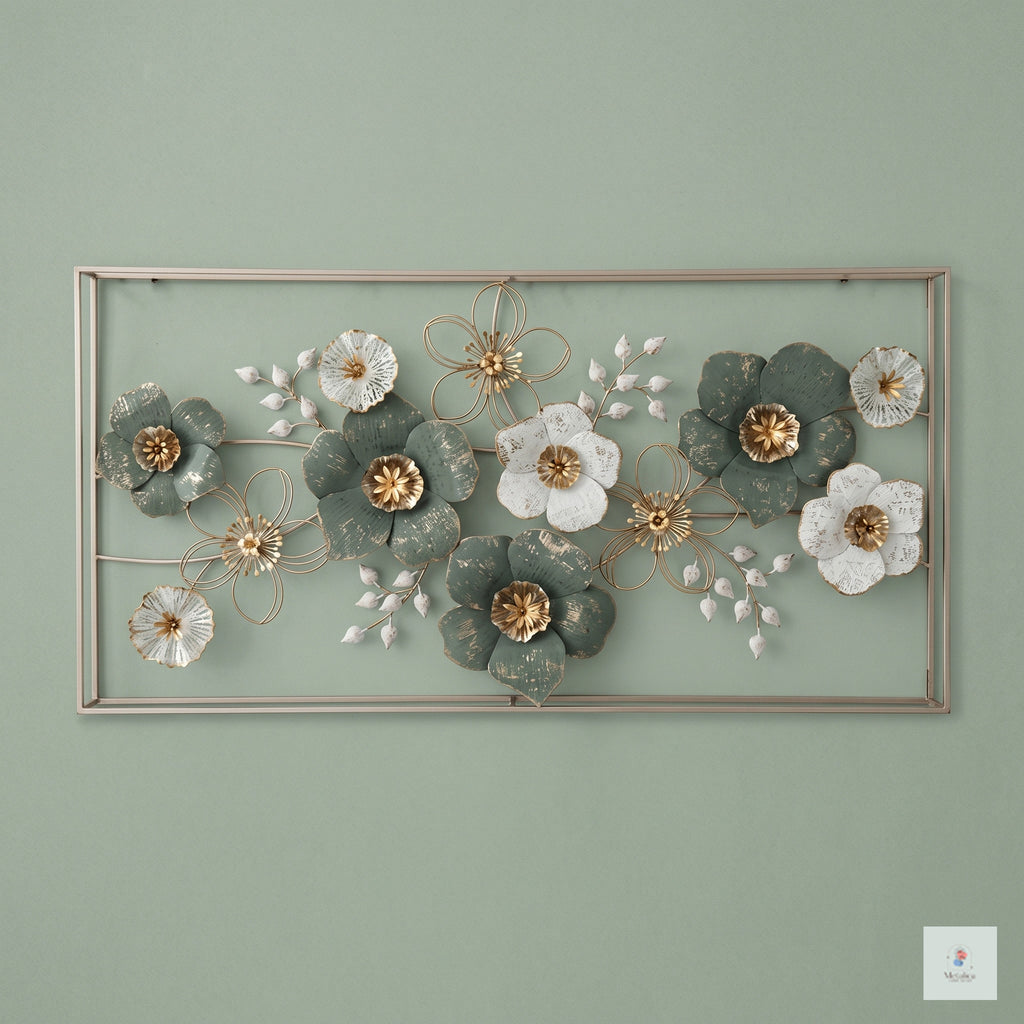Large floral metal wall art, 25x50 inch botanical sculpture with green and white flowers for living room decor.