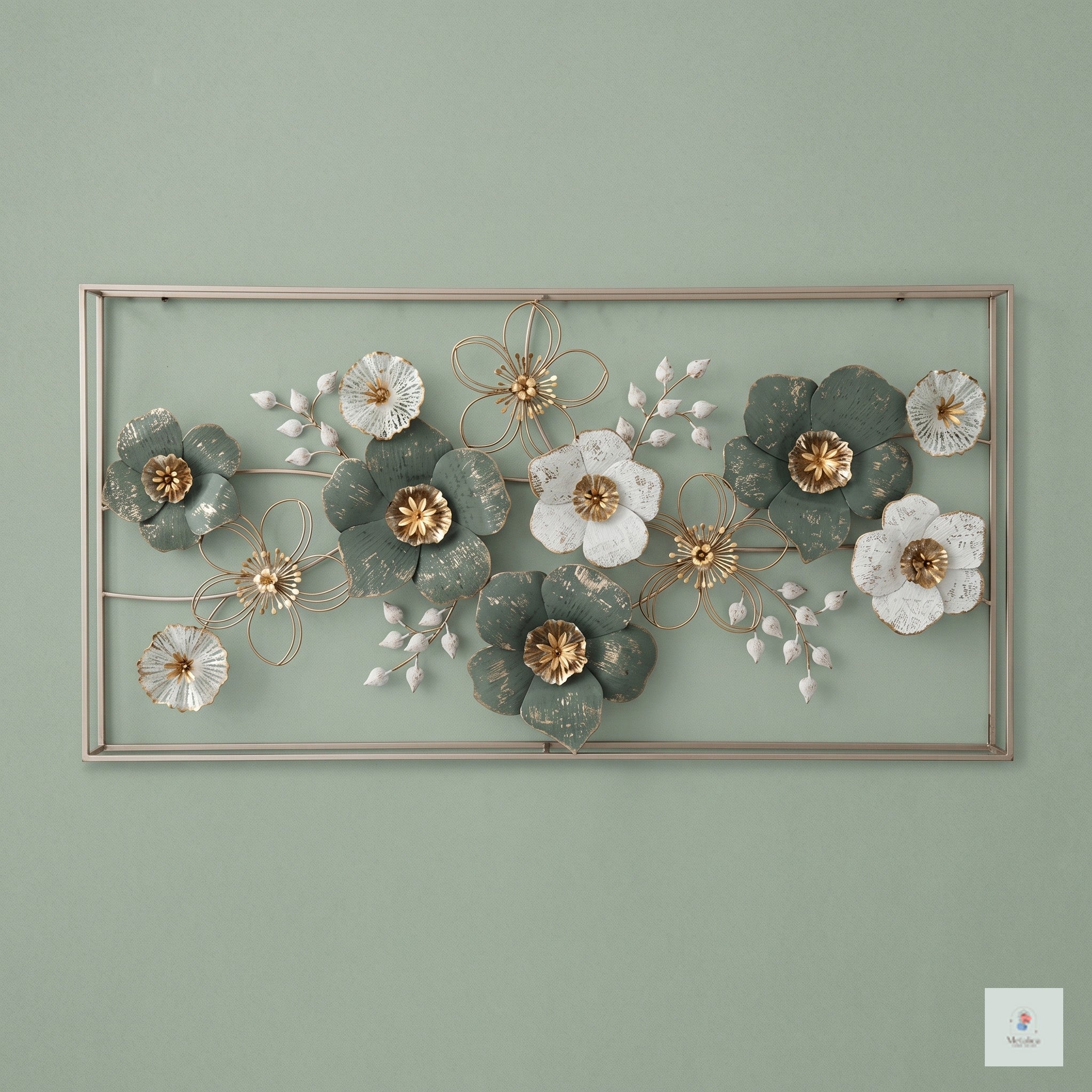 Large floral metal wall art, 25x50 inch botanical sculpture with green and white flowers for living room decor.